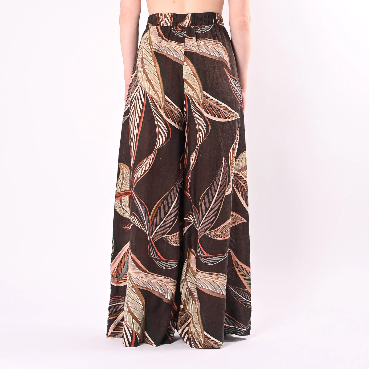 PHILIA LOFT - PANTALONE PALAZZO STAMPA FOGLIE IN LINO ART.R02L1090/M - MORO - Image 4