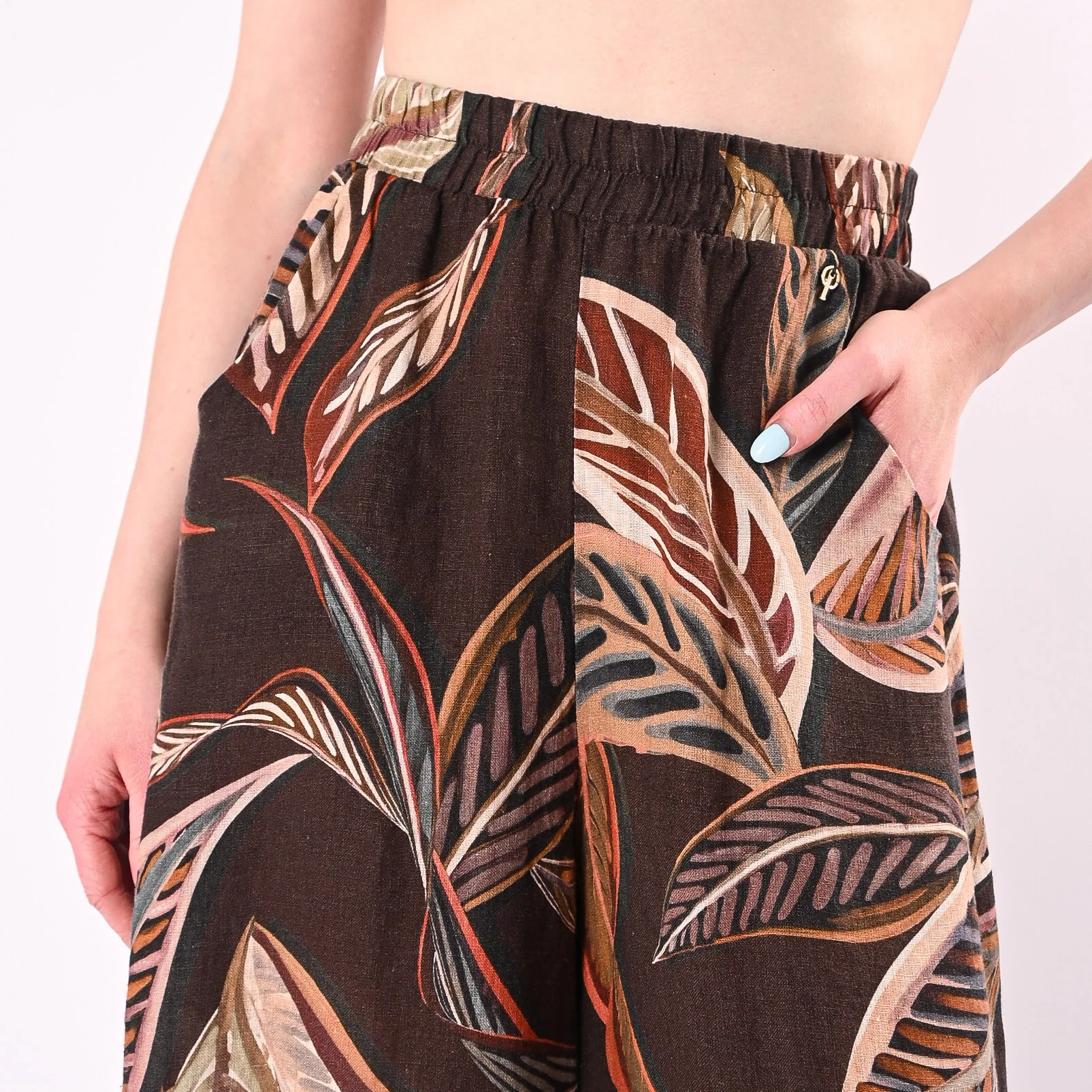 PHILIA LOFT - PANTALONE PALAZZO STAMPA FOGLIE IN LINO ART.R02L1090/M - MORO - Image 5