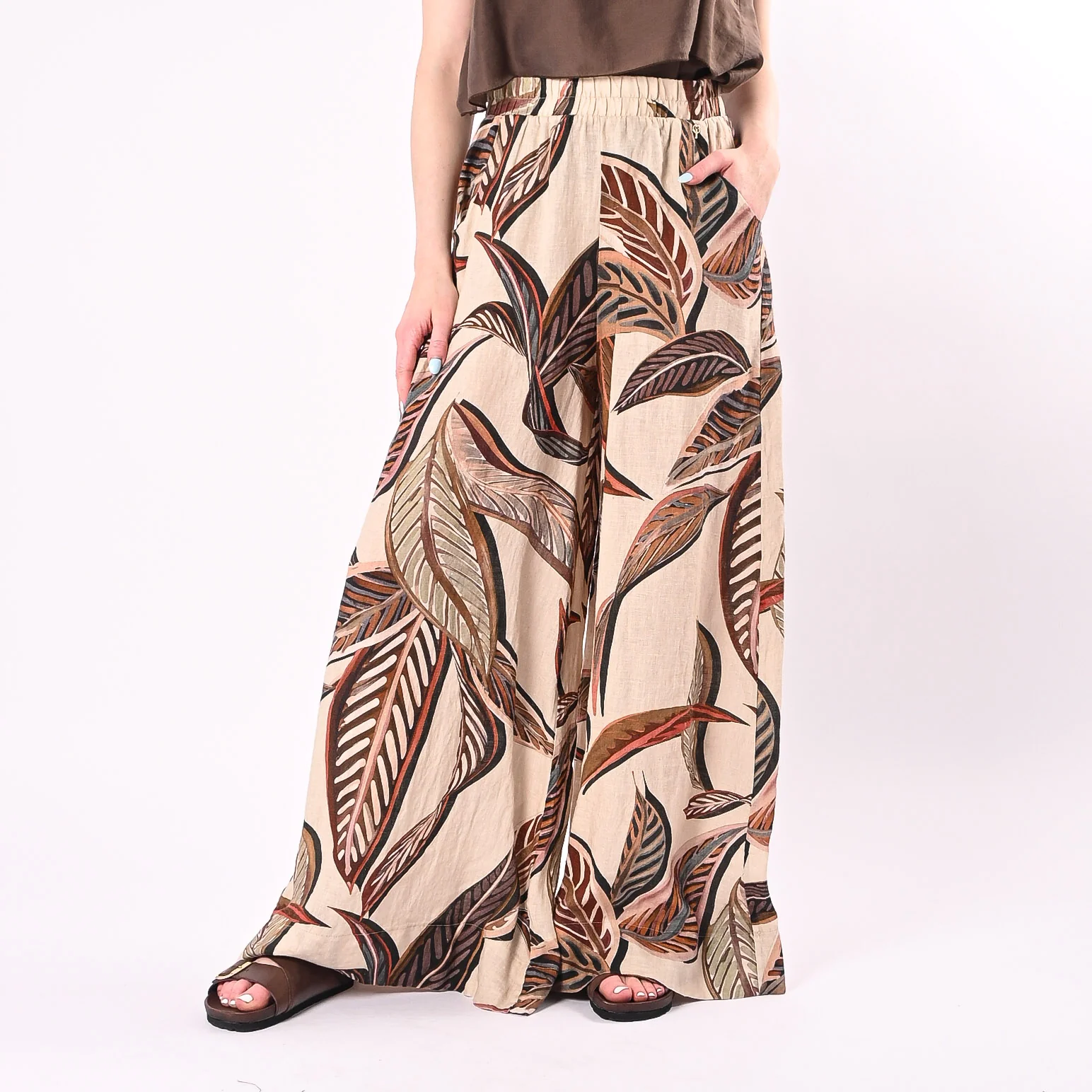 PHILIA LOFT - PANTALONE PALAZZO STAMPA FOGLIE IN LINO ART.R02L1090/P - PANNA