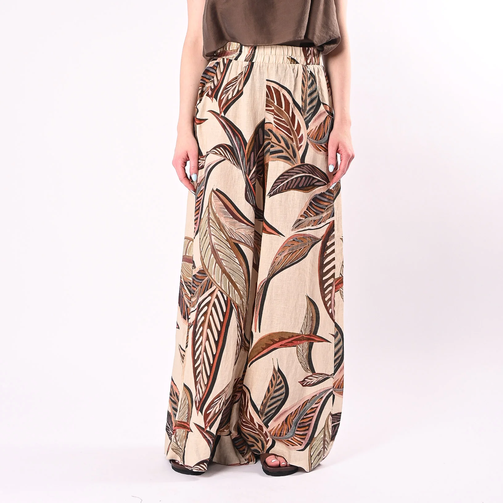 PHILIA LOFT - PANTALONE PALAZZO STAMPA FOGLIE IN LINO ART.R02L1090/P - PANNA - Image 2