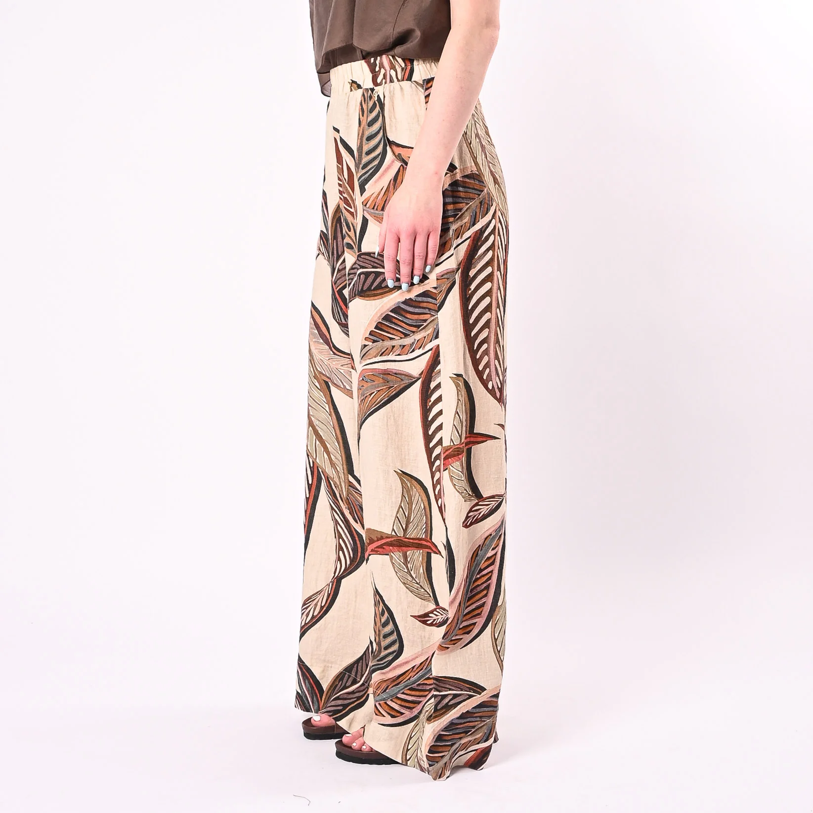 PHILIA LOFT - PANTALONE PALAZZO STAMPA FOGLIE IN LINO ART.R02L1090/P - PANNA - Image 3