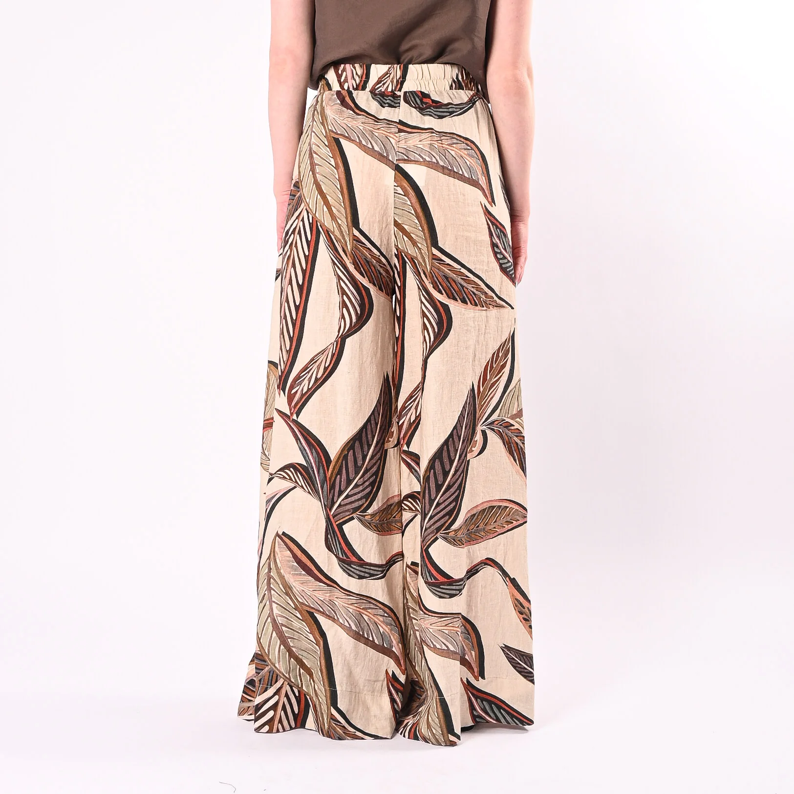 PHILIA LOFT - PANTALONE PALAZZO STAMPA FOGLIE IN LINO ART.R02L1090/P - PANNA - Image 4
