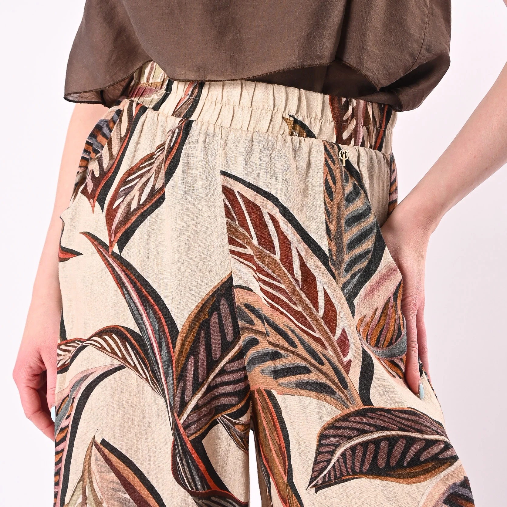 PHILIA LOFT - PANTALONE PALAZZO STAMPA FOGLIE IN LINO ART.R02L1090/P - PANNA - Image 5