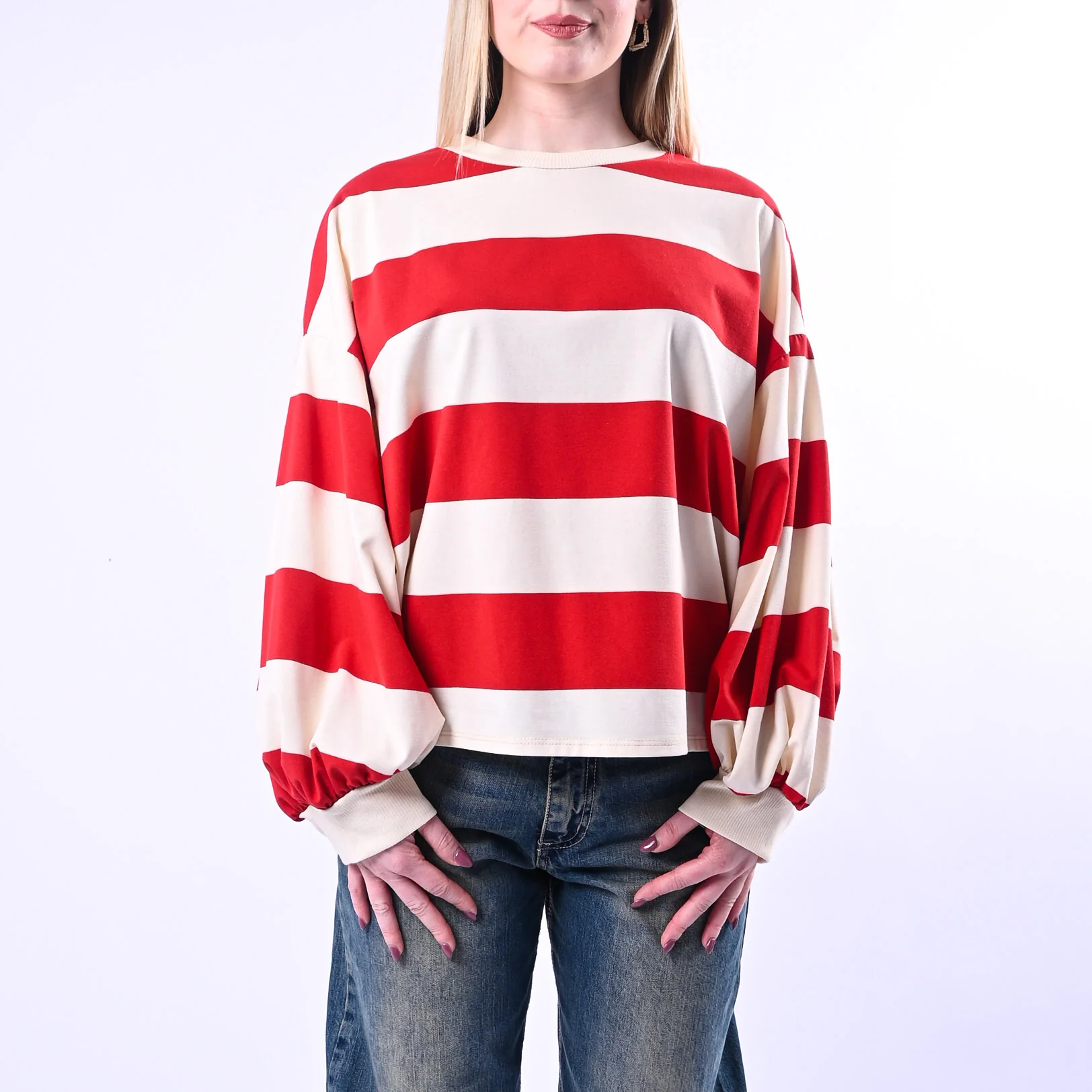 PHILIA LOFT - T-SHIRT GIROCOLLO OVER A RIGHE ART.D02N0366/PR - PANNA/ROSSO - Image 2