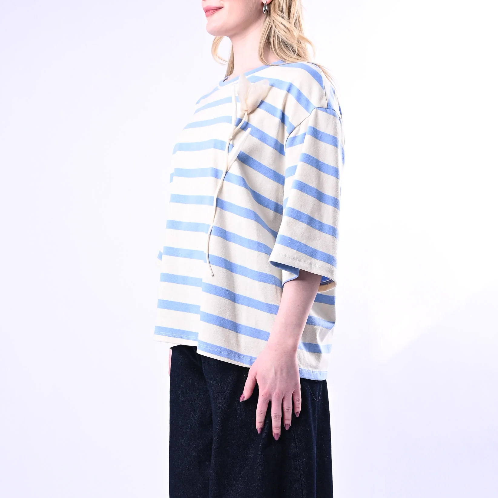 PHILIA LOFT - T-SHIRT OVER A RIGHE CON TULIPANO ART.R02L0438 - CELESTE - Image 3