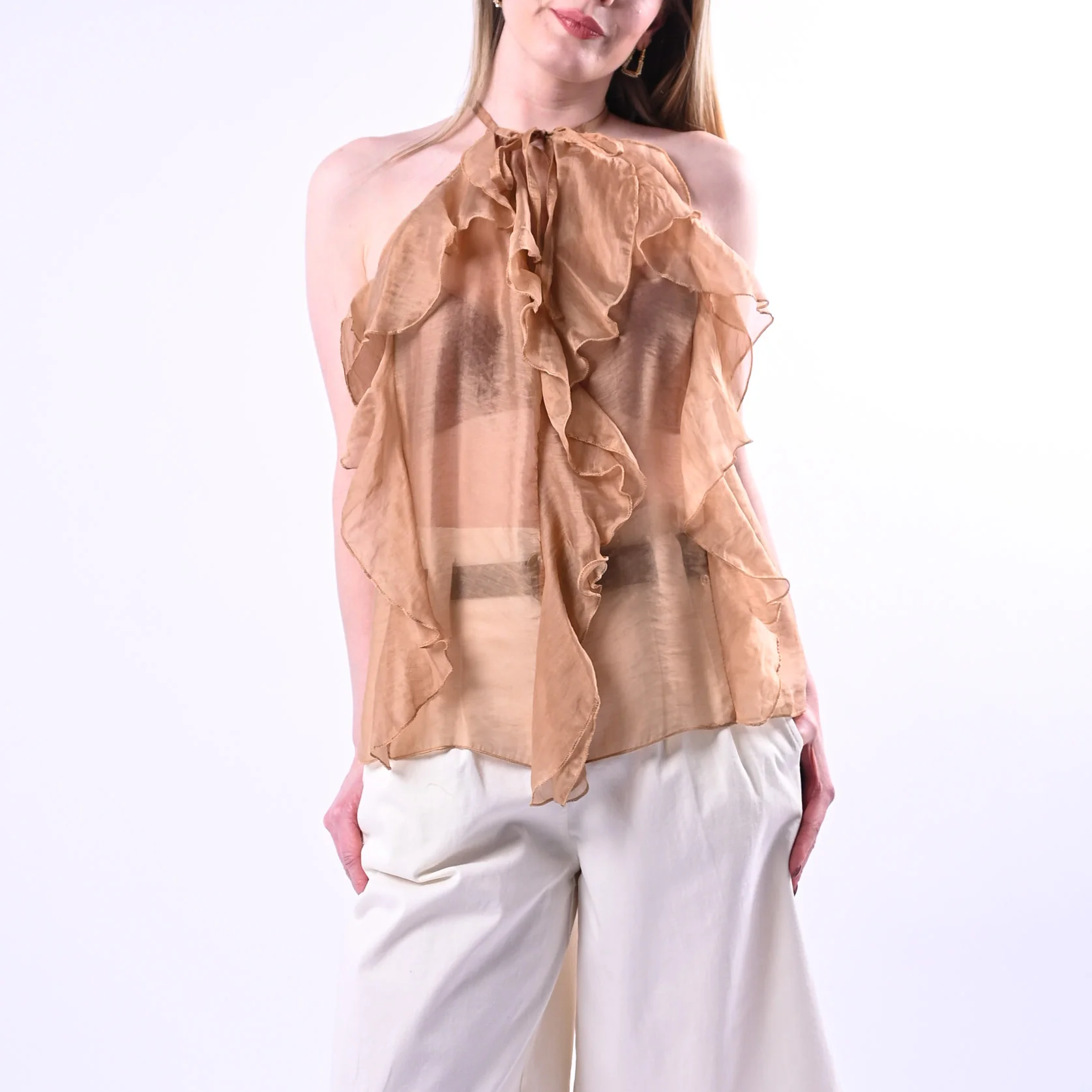 PHILIA LOFT - TOP SCOLLO A GOCCIA CON ROUGES ART.D02N0770/C - CARAMELLO