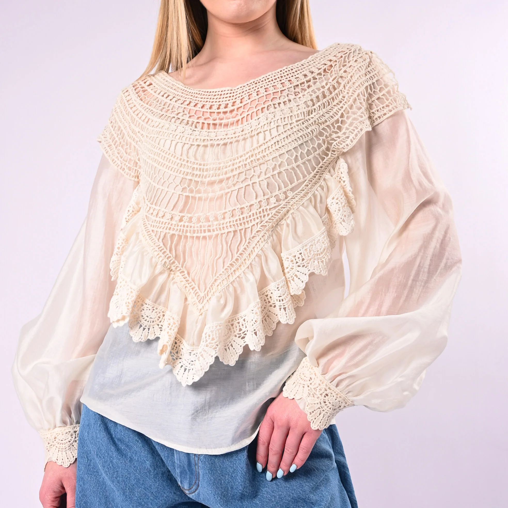 SOUVENIR - BLUSA SCOLLO BACHETTA CON INSERTI PIZZO ART.M39FF1469/P - PANNA - Image 5