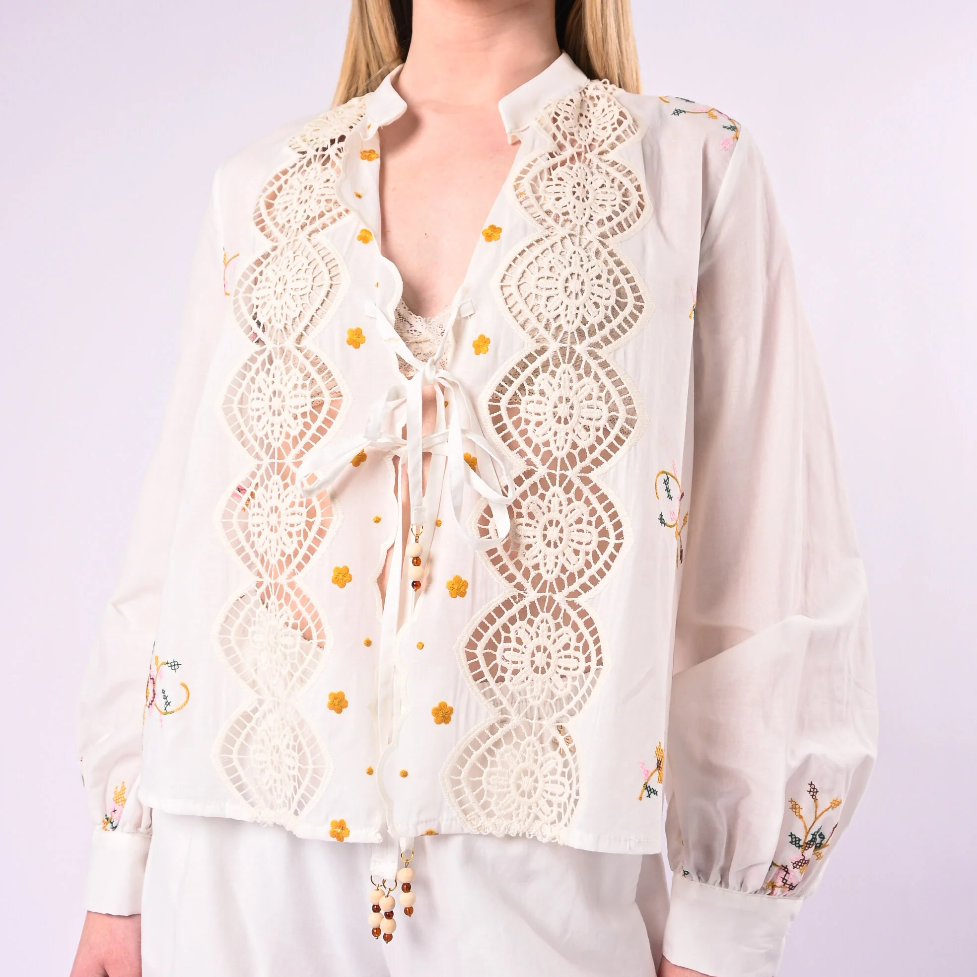 SOUVENIR - CAMICIA INSERTI PIZZO CON RICAMI ART.M39F1358/P - PANNA - Image 6