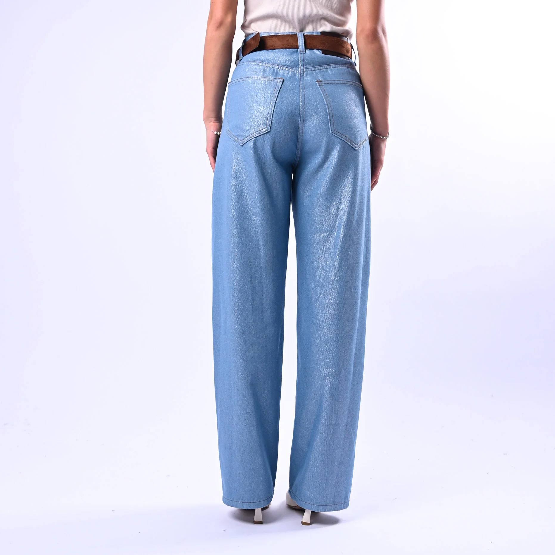 SOUVENIR - JEANS PALAZZO CHAMBRAY SPALMATO ART.S39M0929 - AZZURRO - Image 4