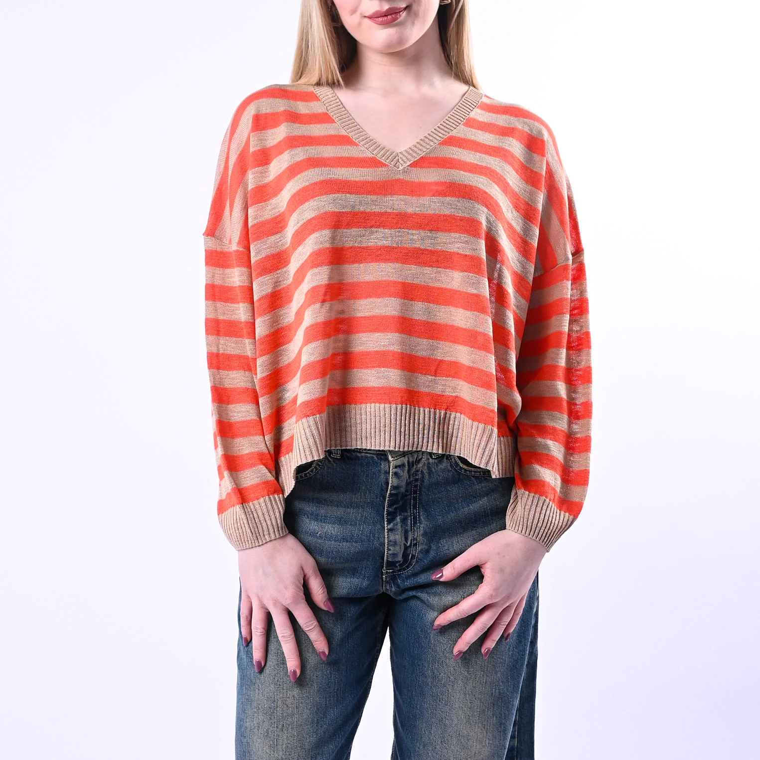 SOUVENIR - MAGLIA OVER A RIGHE SCOLLO V ART.B39D1203/CA - CAMMELLO/ARANCIO