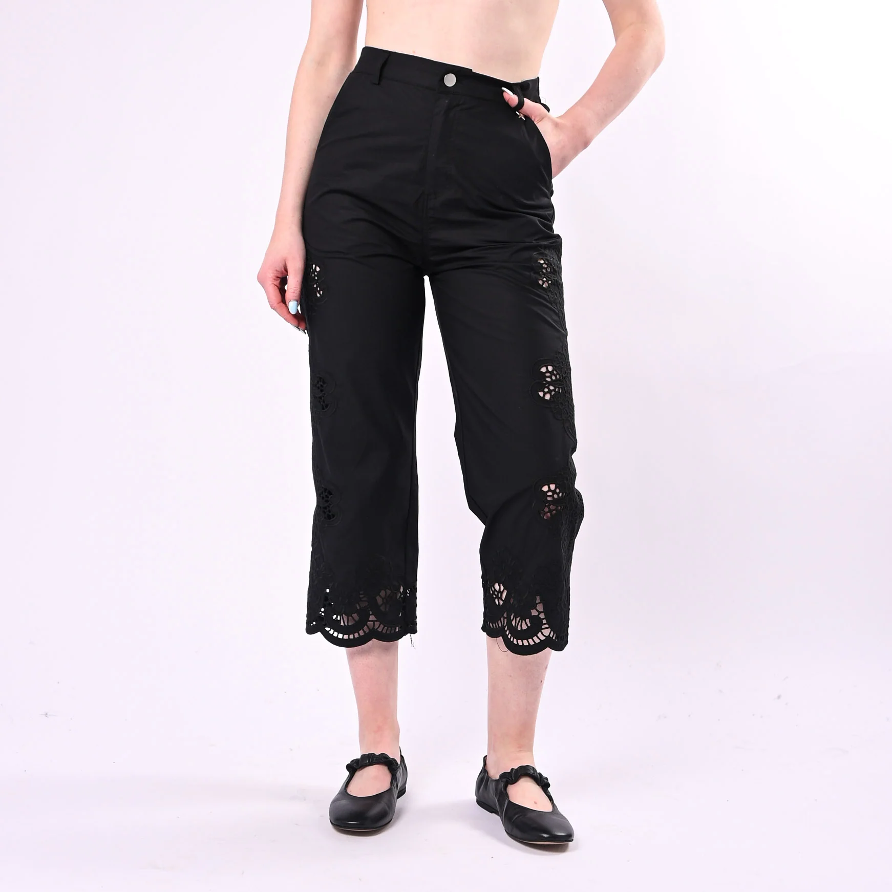 SOUVENIR - PANTALONE POPELINE CON RICAMI SANGALLO ART.M39FX1310/N - NERO