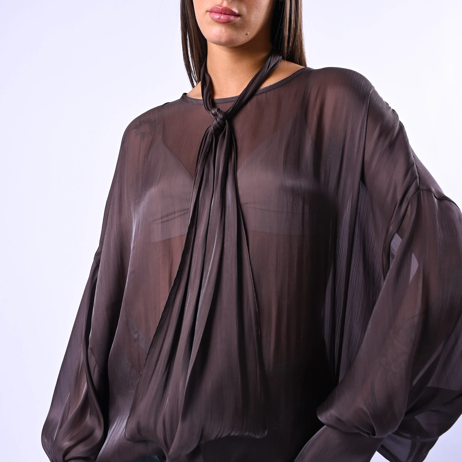 SOUVENIR PRIVE' - CAMICIA OVER FLUIDA CON FUSCIACCA ART.T39R0126 - MOKA - Image 4