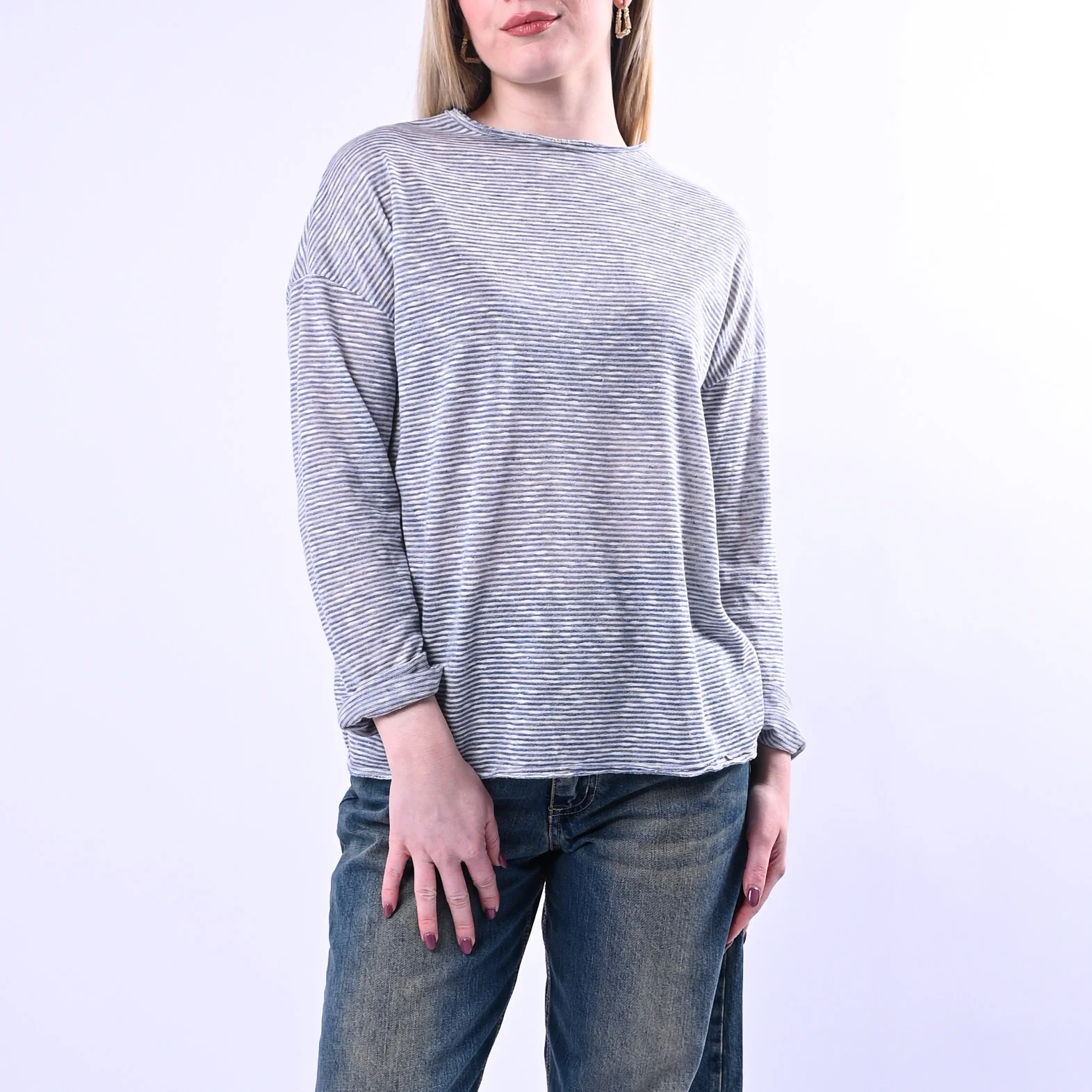 SOUVENIR - T-SHIRT A RIGHE TAGLIO VIVO COTONE/LINO ART.B39M1009/B - BLU