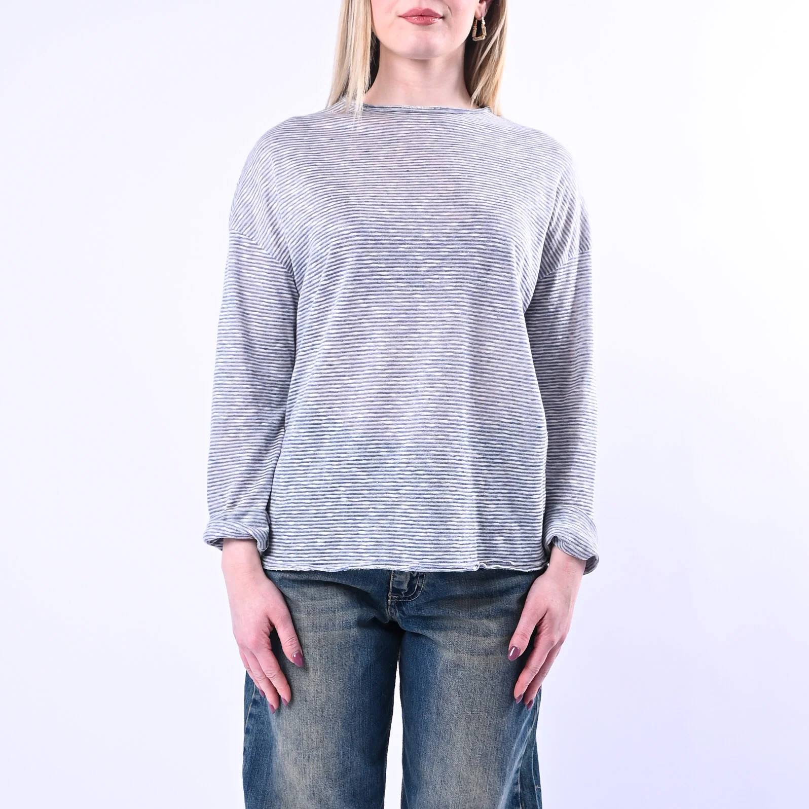 SOUVENIR - T-SHIRT A RIGHE TAGLIO VIVO COTONE/LINO ART.B39M1009/B - BLU - Image 2