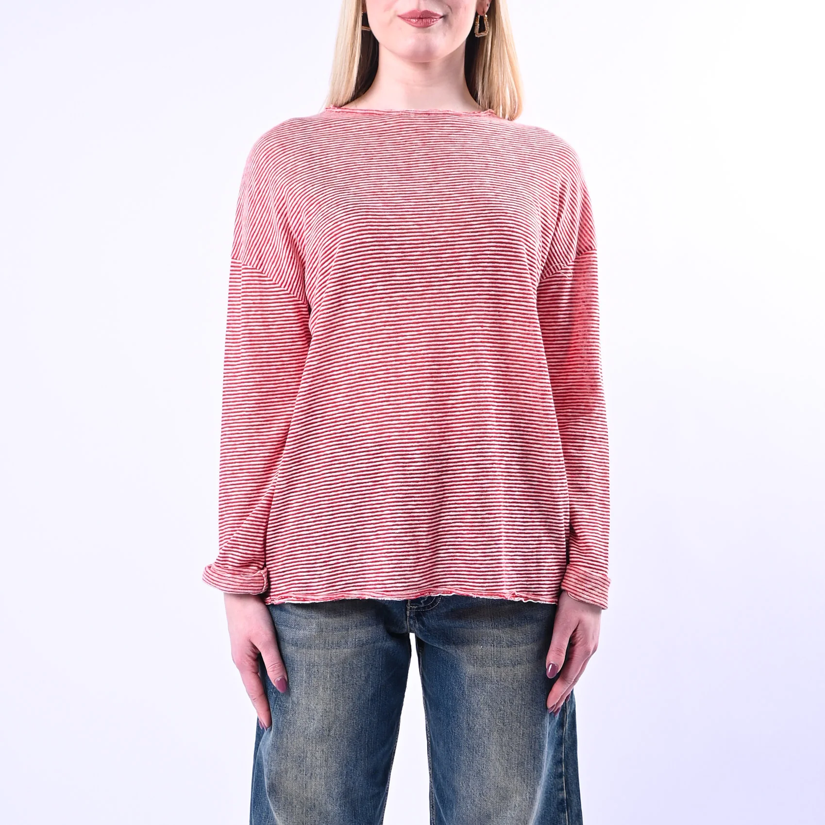 SOUVENIR - T-SHIRT A RIGHE TAGLIO VIVO COTONE/LINO ART.B39M1009/R - ROSSO - Image 2