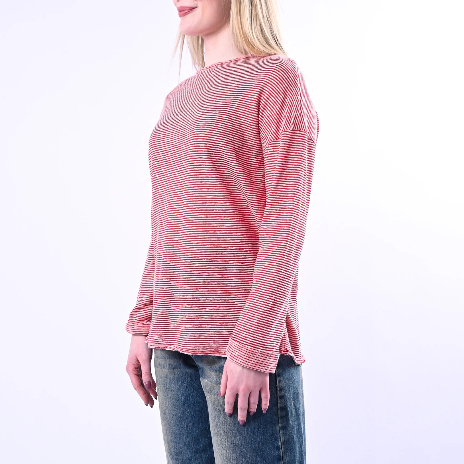 SOUVENIR - T-SHIRT A RIGHE TAGLIO VIVO COTONE/LINO ART.B39M1009/R - ROSSO - Image 3
