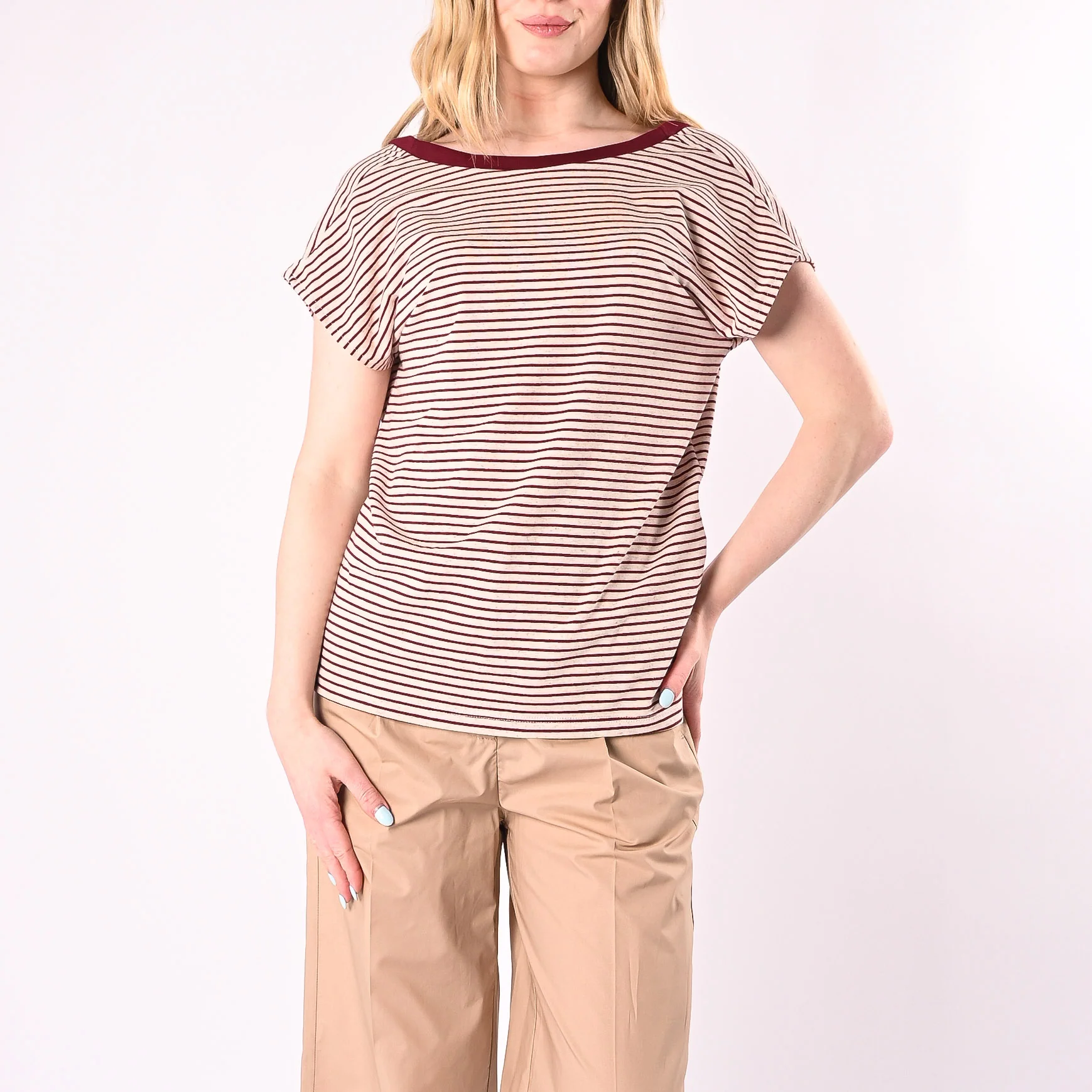 SOUVENIR - T-SHIRT RIGHE SCOLLO V DIETRO ART.M39F1419/PB - PANNA/BORDEAUX