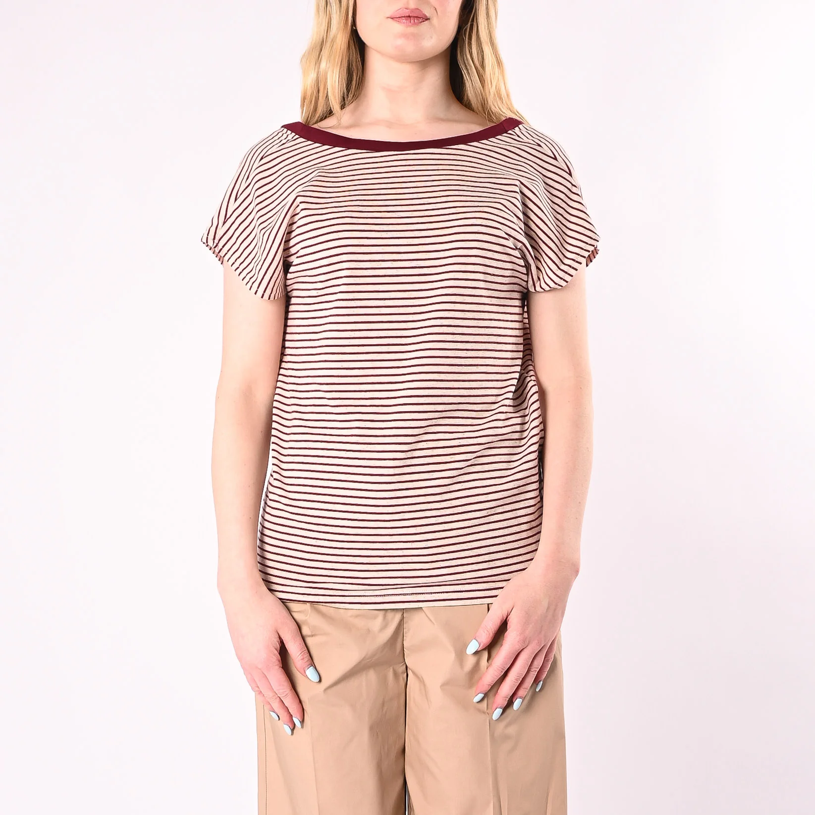 SOUVENIR - T-SHIRT RIGHE SCOLLO V DIETRO ART.M39F1419/PB - PANNA/BORDEAUX - Image 2