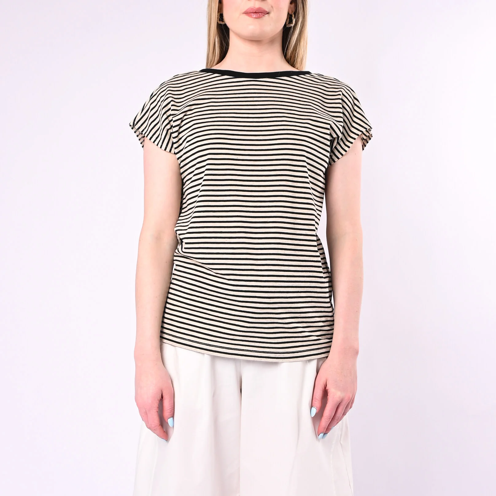 SOUVENIR - T-SHIRT RIGHE SCOLLO V DIETRO ART.M39F1419/PN - PANNA/NERO - Image 2