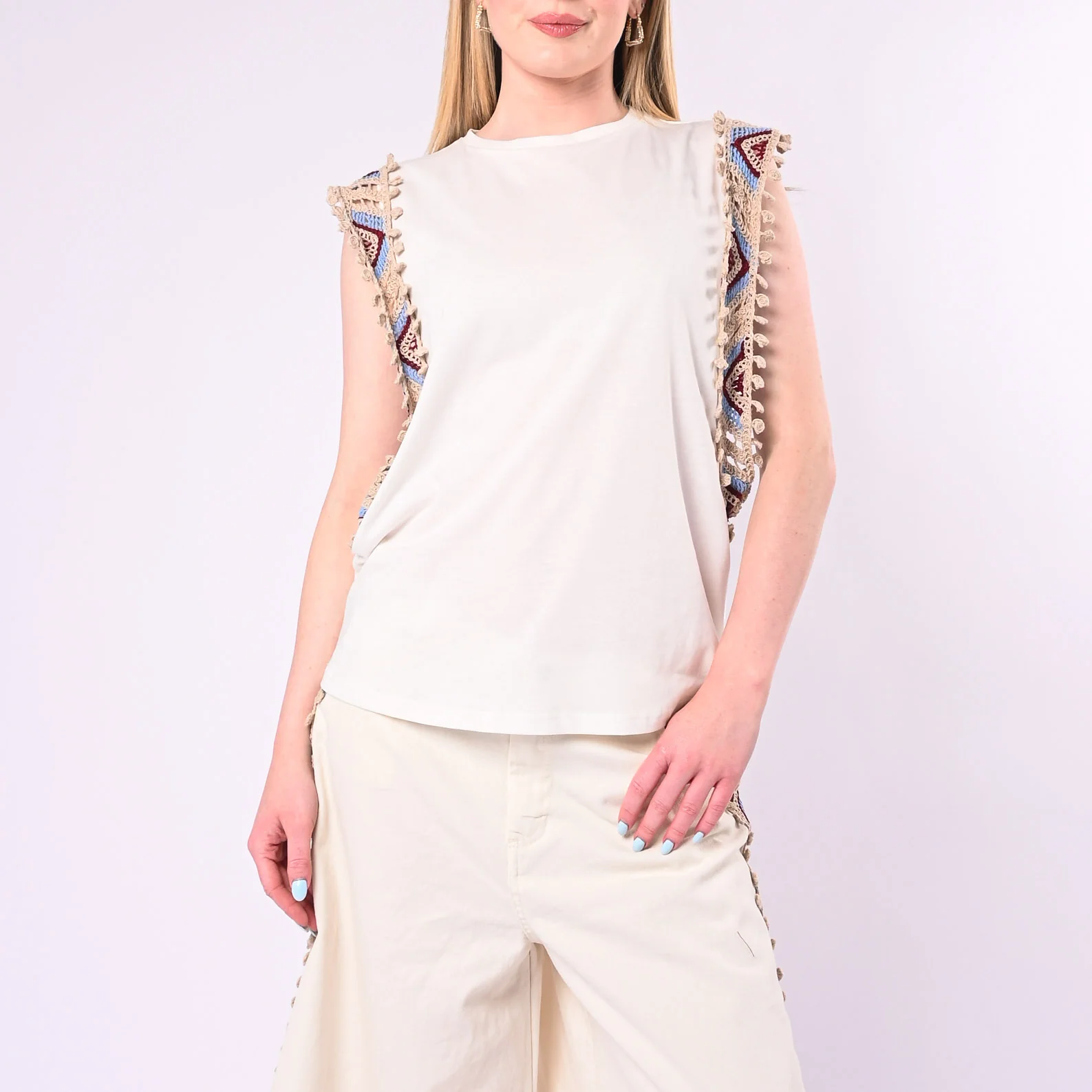 SOUVENIR - T-SHIRT SENZA MANICHE CON PASSAMANERIA ART.M39F1547/P - PANNA