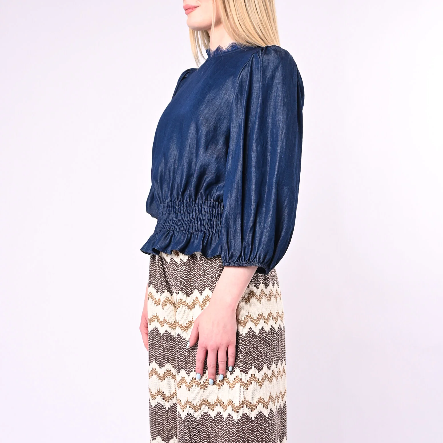 TENSIONE IN - BLUSA CHAMBRAY ARRICCIATA IN VITA ART.S26CD26/B - BLU - Image 3