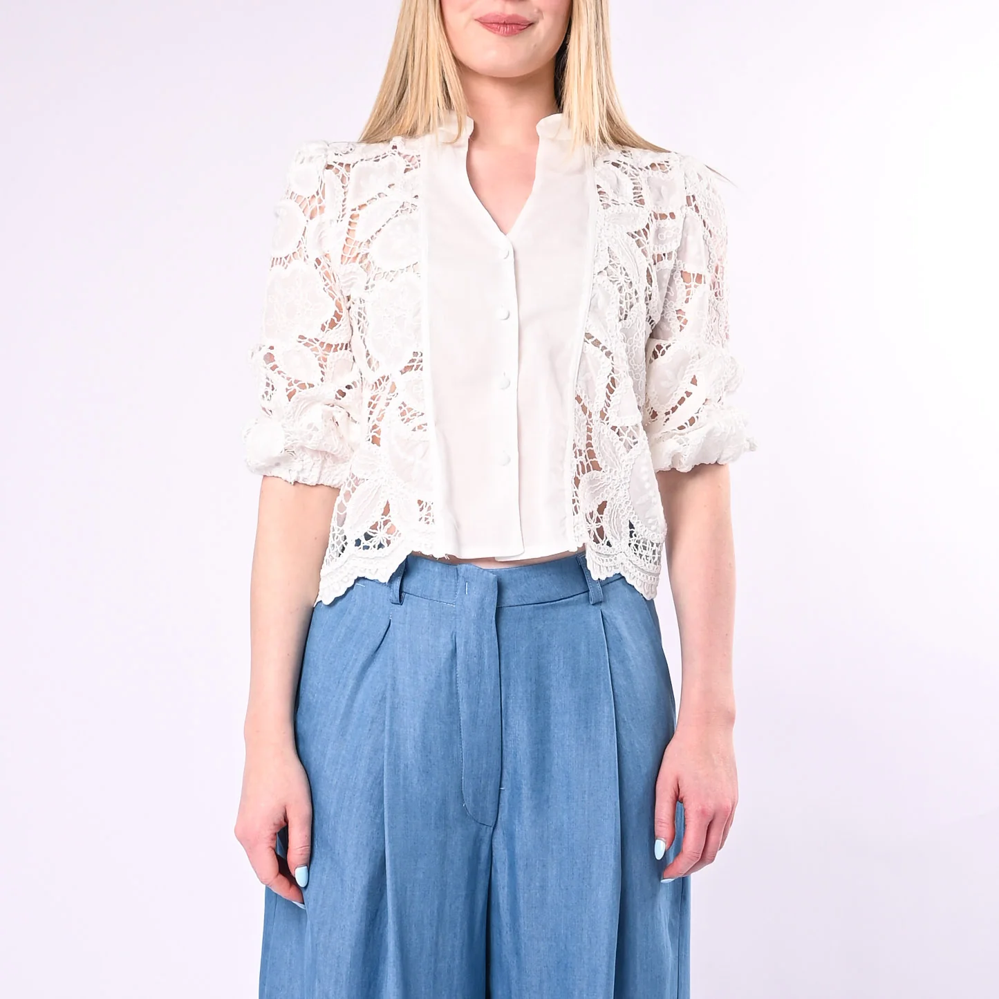 TENSIONE IN - BLUSA CROCHET CON BOTTONI ART. S26C946/B - BIANCO - Image 3