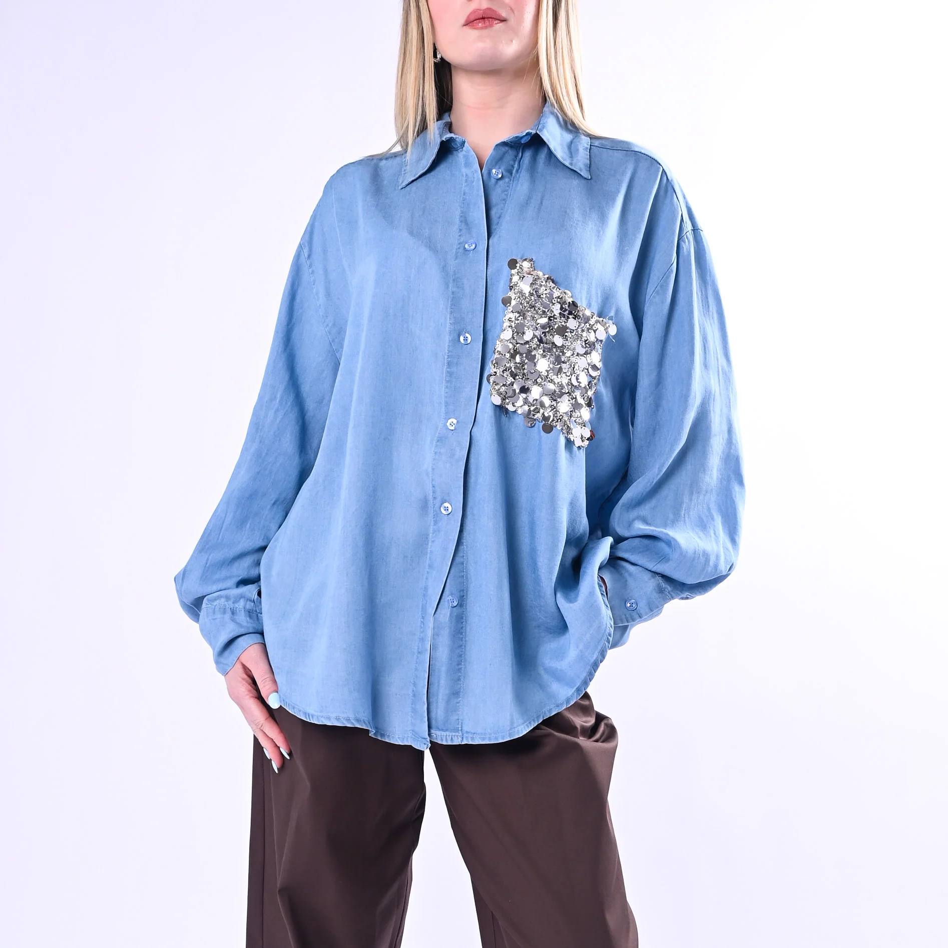 TENSIONE IN - CAMICIA CHAMBRAY OVER TASCA PAILLETTES ART. PE260153/D - DENIM