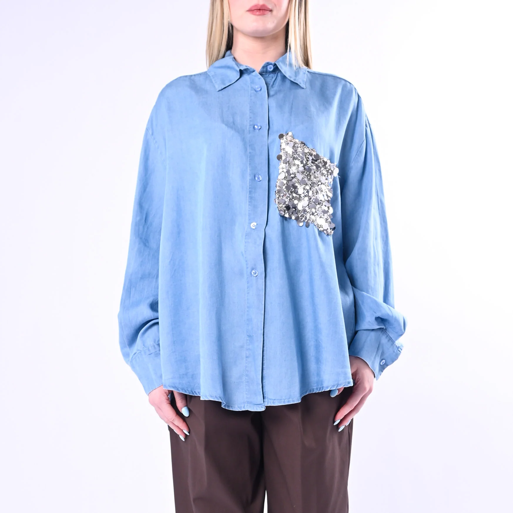 TENSIONE IN - CAMICIA CHAMBRAY OVER TASCA PAILLETTES ART. PE260153/D - DENIM - Image 2