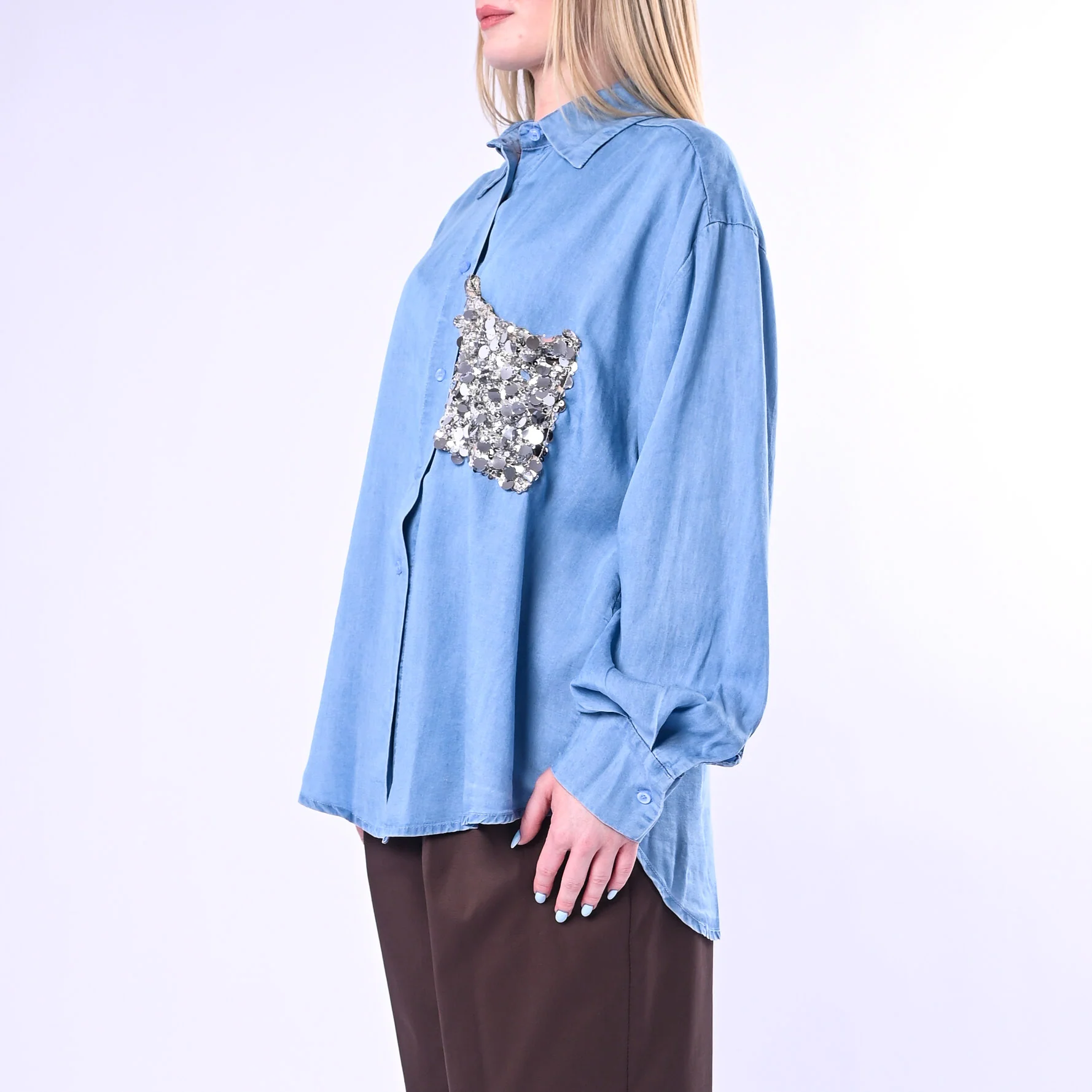 TENSIONE IN - CAMICIA CHAMBRAY OVER TASCA PAILLETTES ART. PE260153/D - DENIM - Image 3