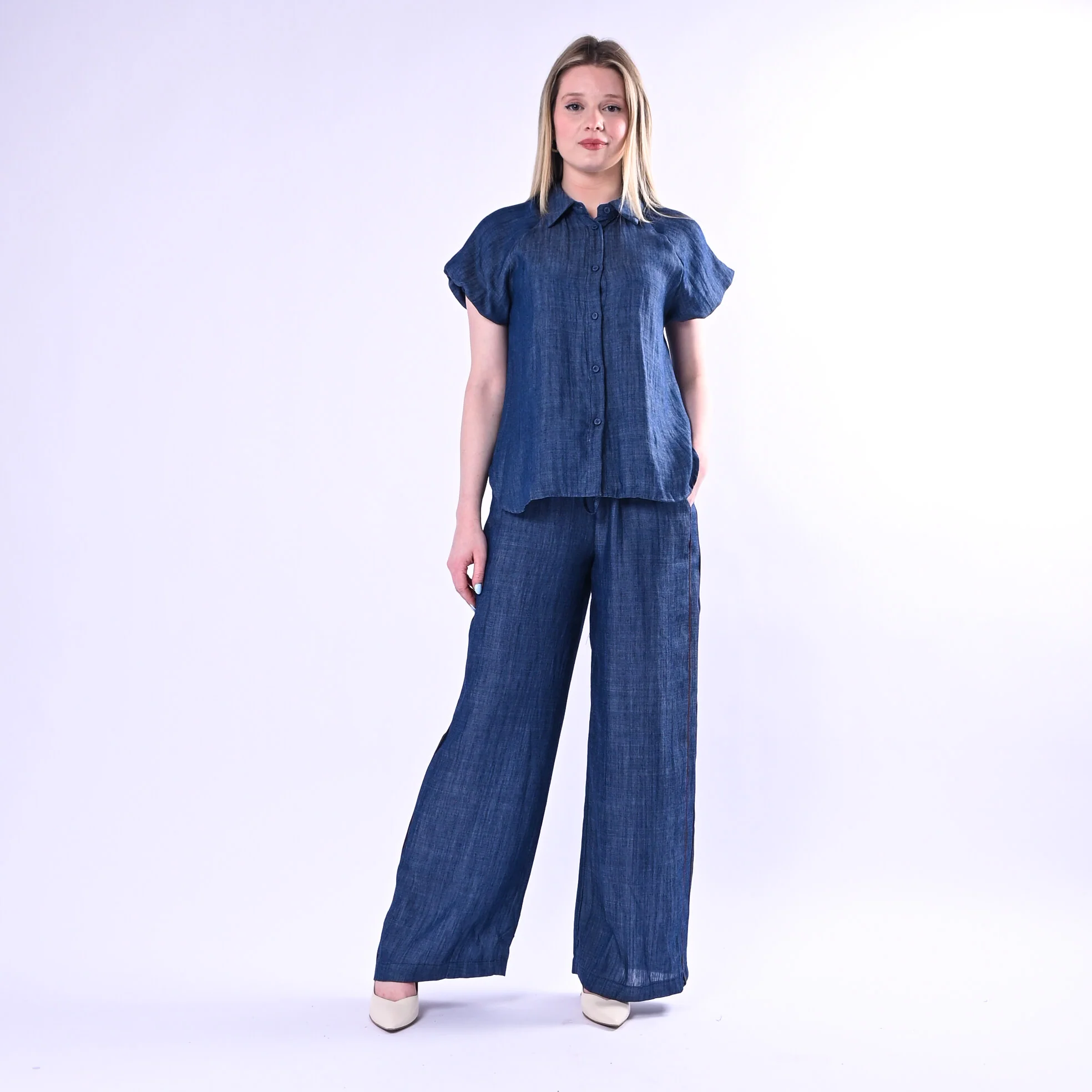 TENSIONE IN - CAMICIA IN CHAMBRAY MEZZA MANICA A SBUFFO ART. S26CE09/B - BLU