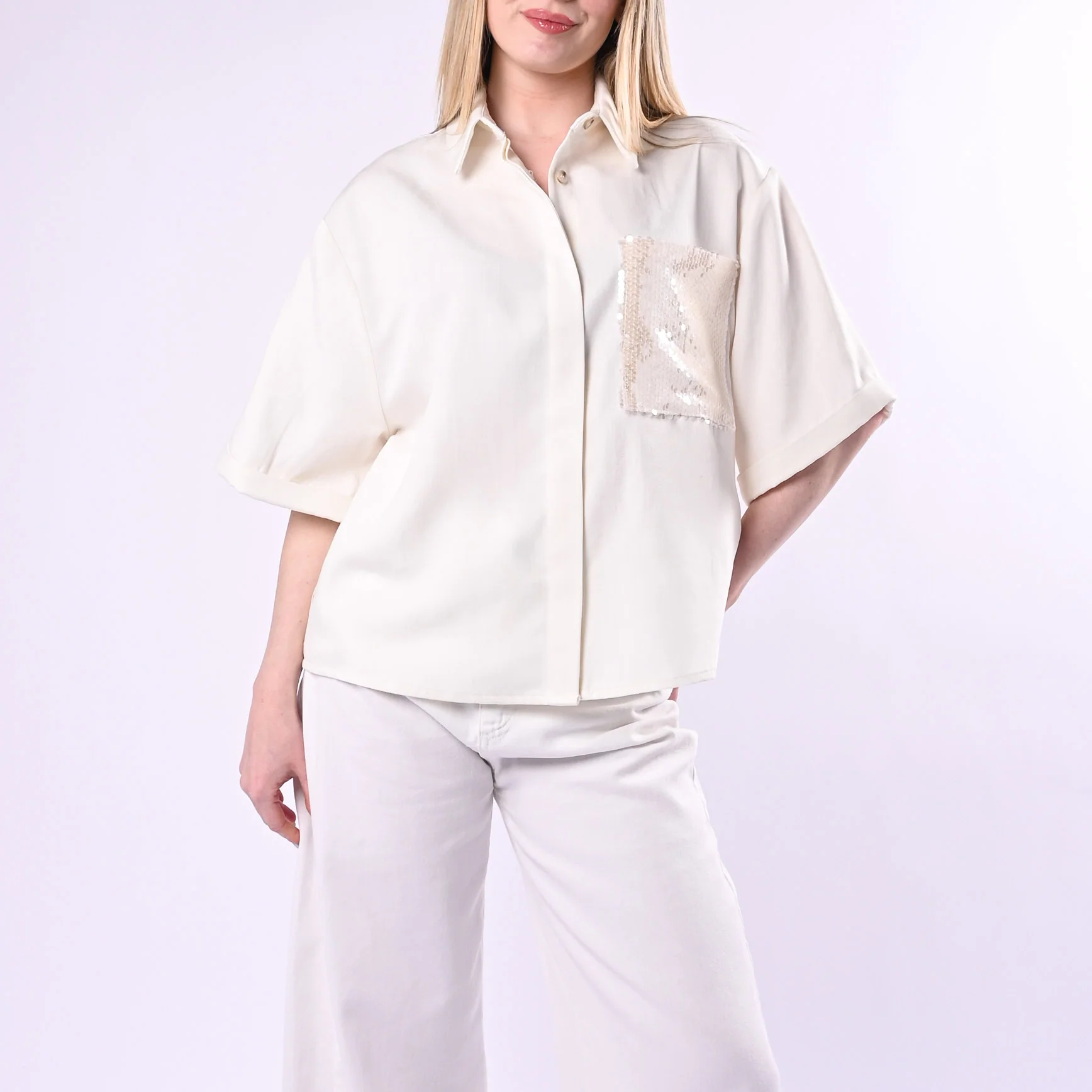 TENSIONE IN - CAMICIA MANICA LARGA IN TENCELL CON TASCA PAILLETTES ART. 26C5144/B - BIANCO