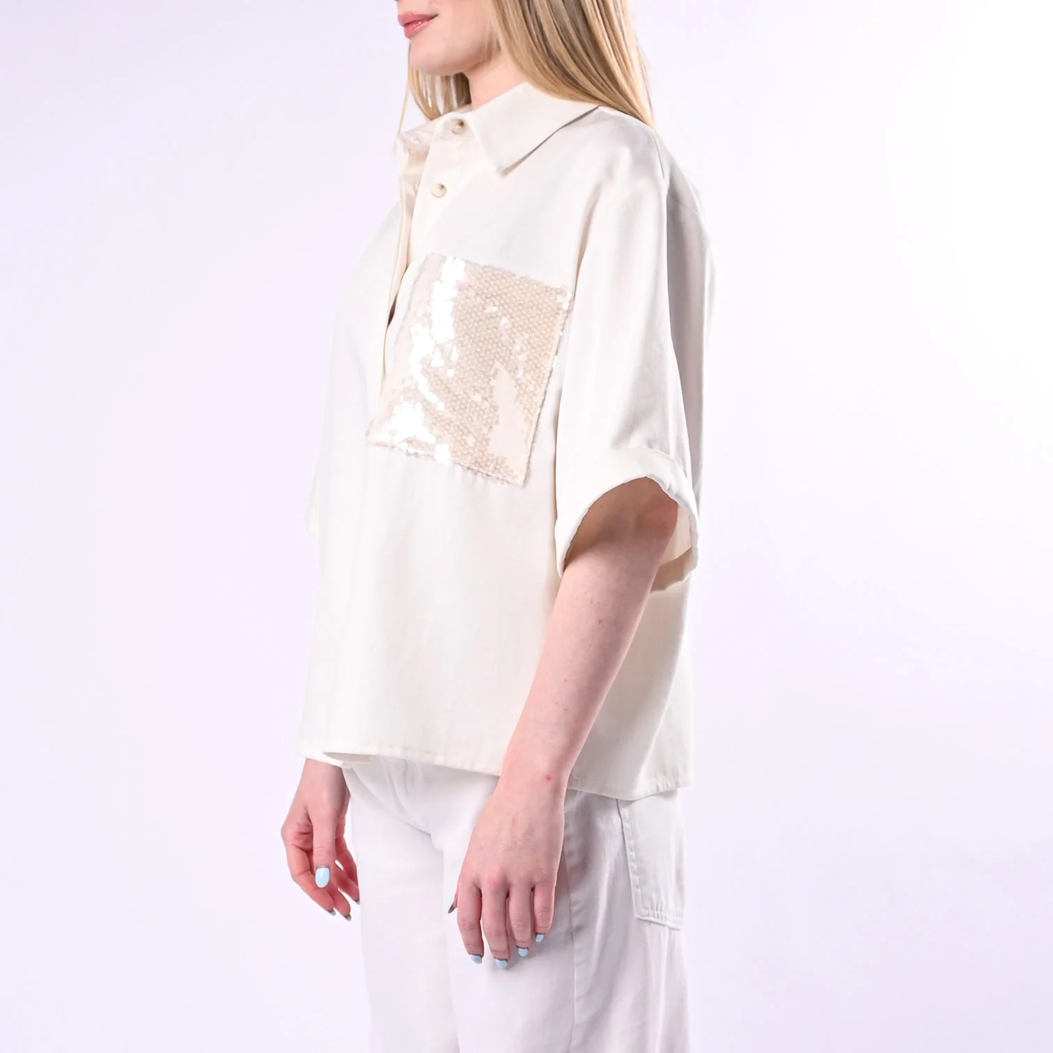 TENSIONE IN - CAMICIA MANICA LARGA IN TENCELL CON TASCA PAILLETTES ART. 26C5144/B - BIANCO - Image 3
