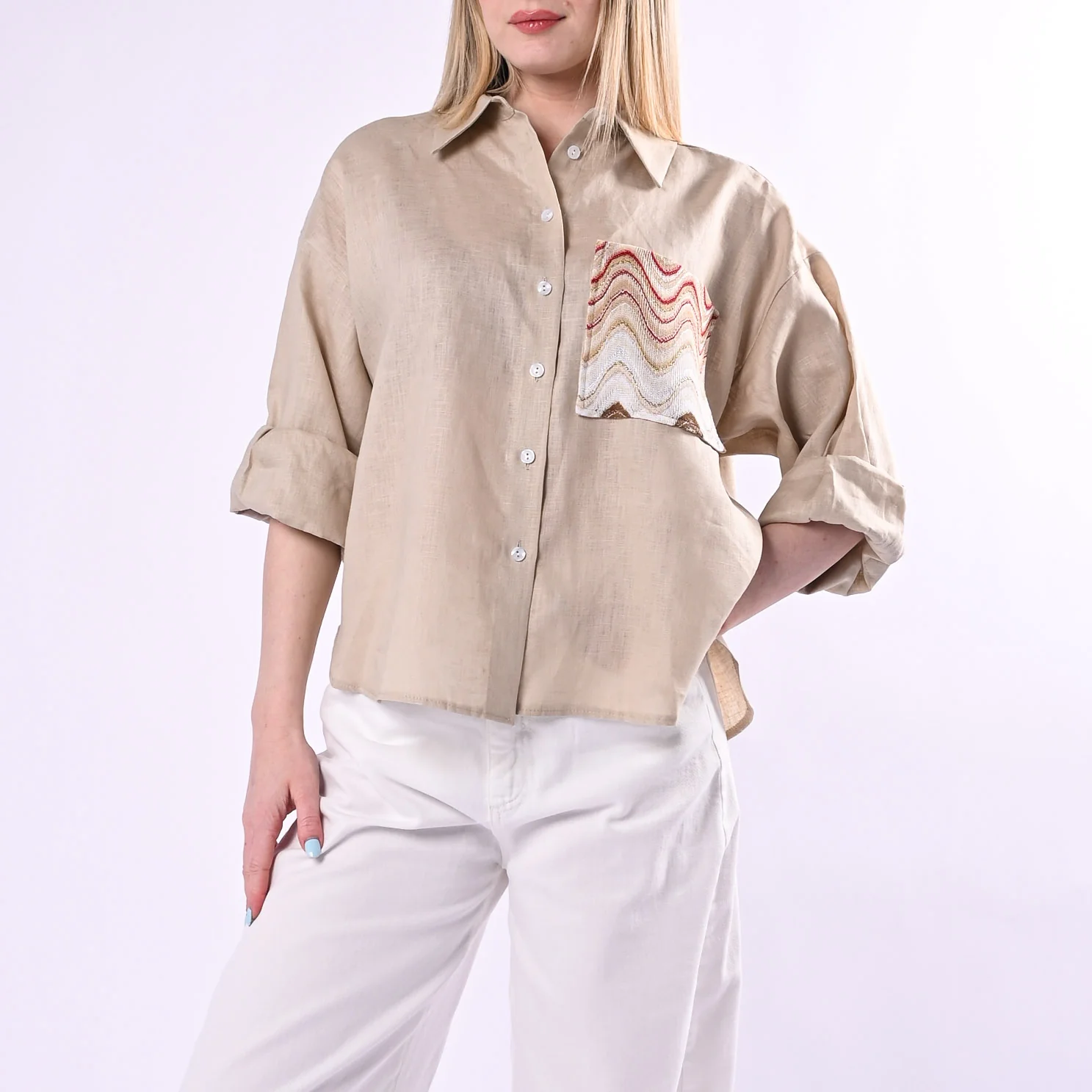 TENSIONE IN - CAMICIA OVER IN LINO CON TASCA DECORATA LUREX ART. S26CG13/SR - SABBIA/ROSSO