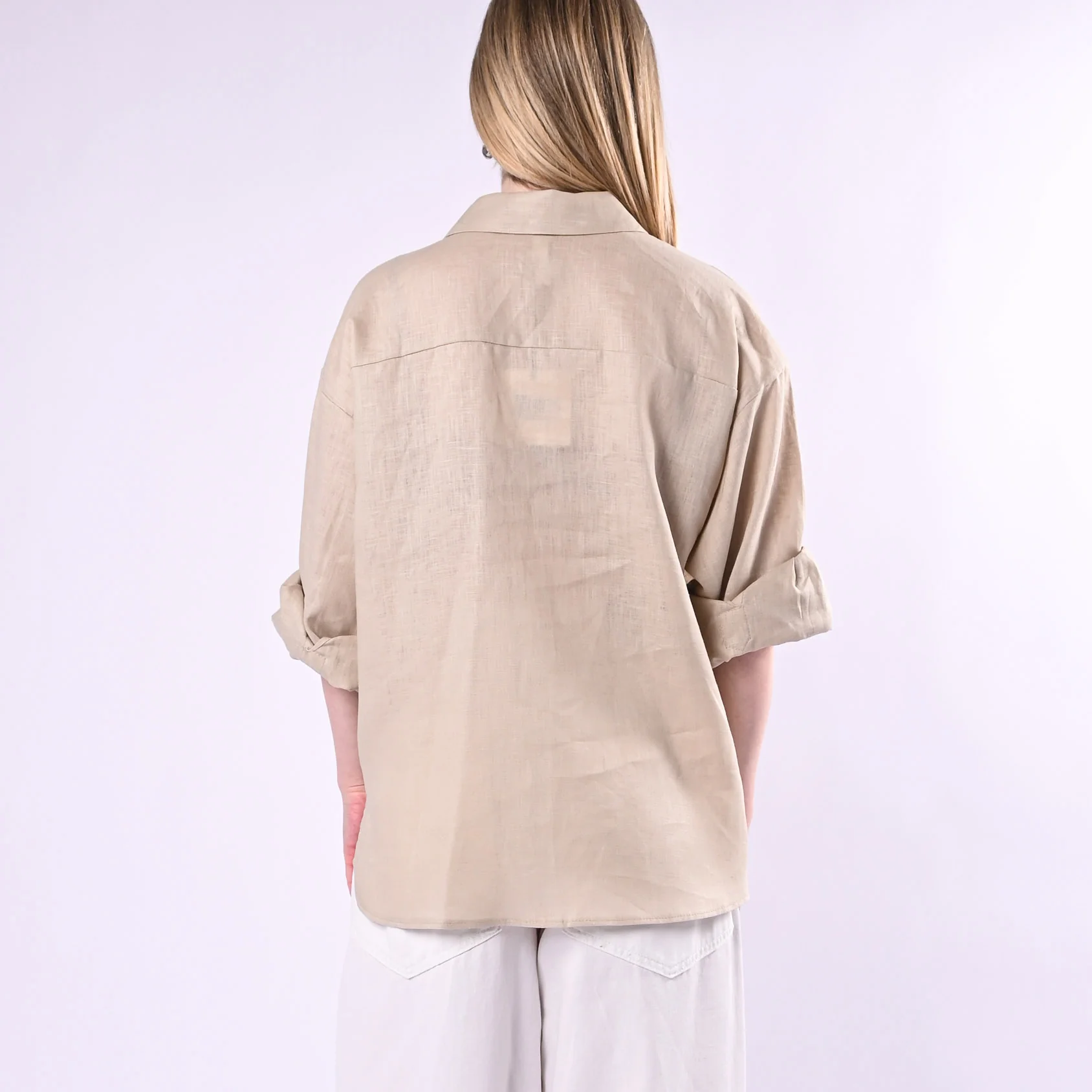 TENSIONE IN - CAMICIA OVER IN LINO CON TASCA DECORATA LUREX ART. S26CG13/SR - SABBIA/ROSSO - Image 4