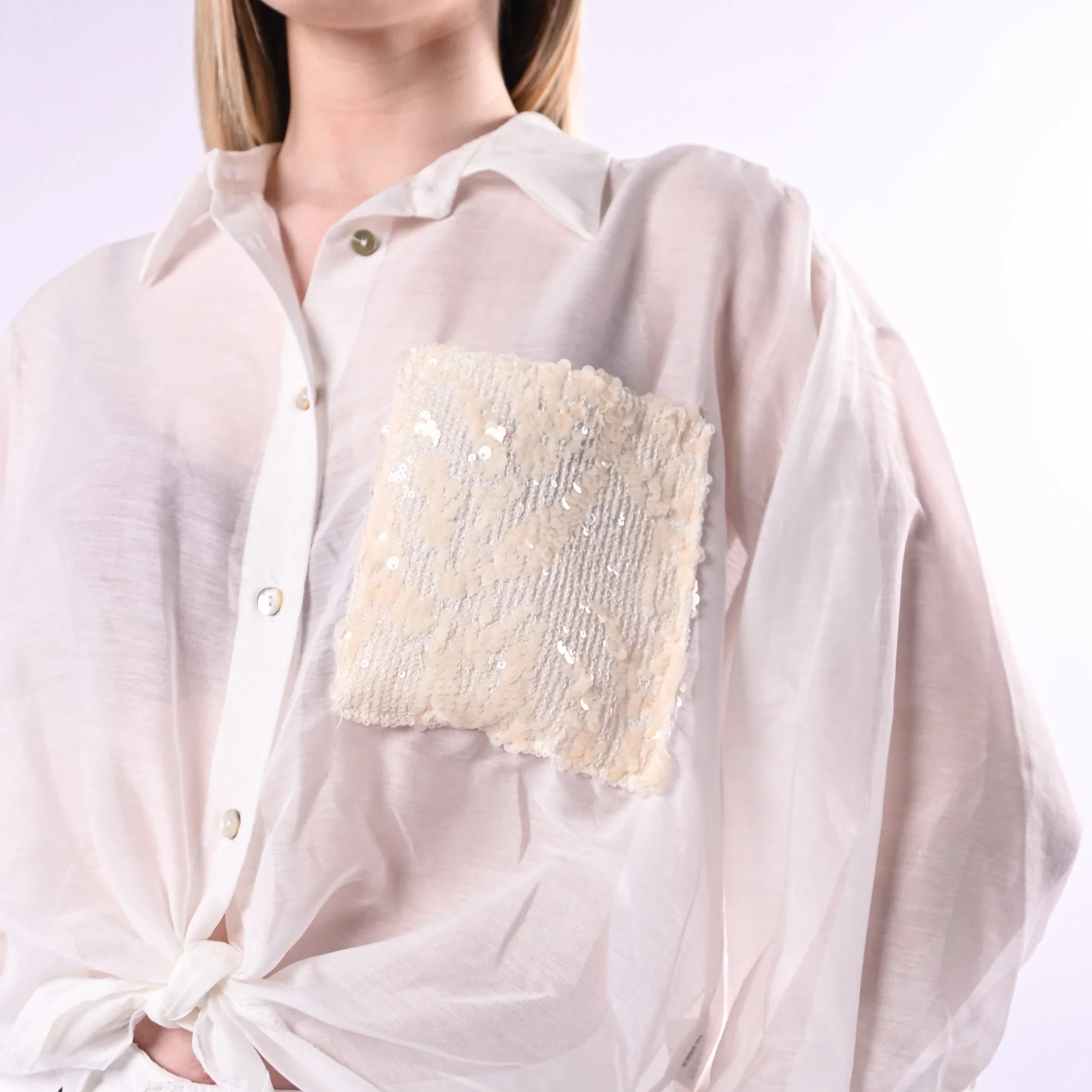 TENSIONE IN - CAMICIA OVER MISTO SETA CON TASCA PAILLETTES ART. S26CG25/P - PANNA - Image 5