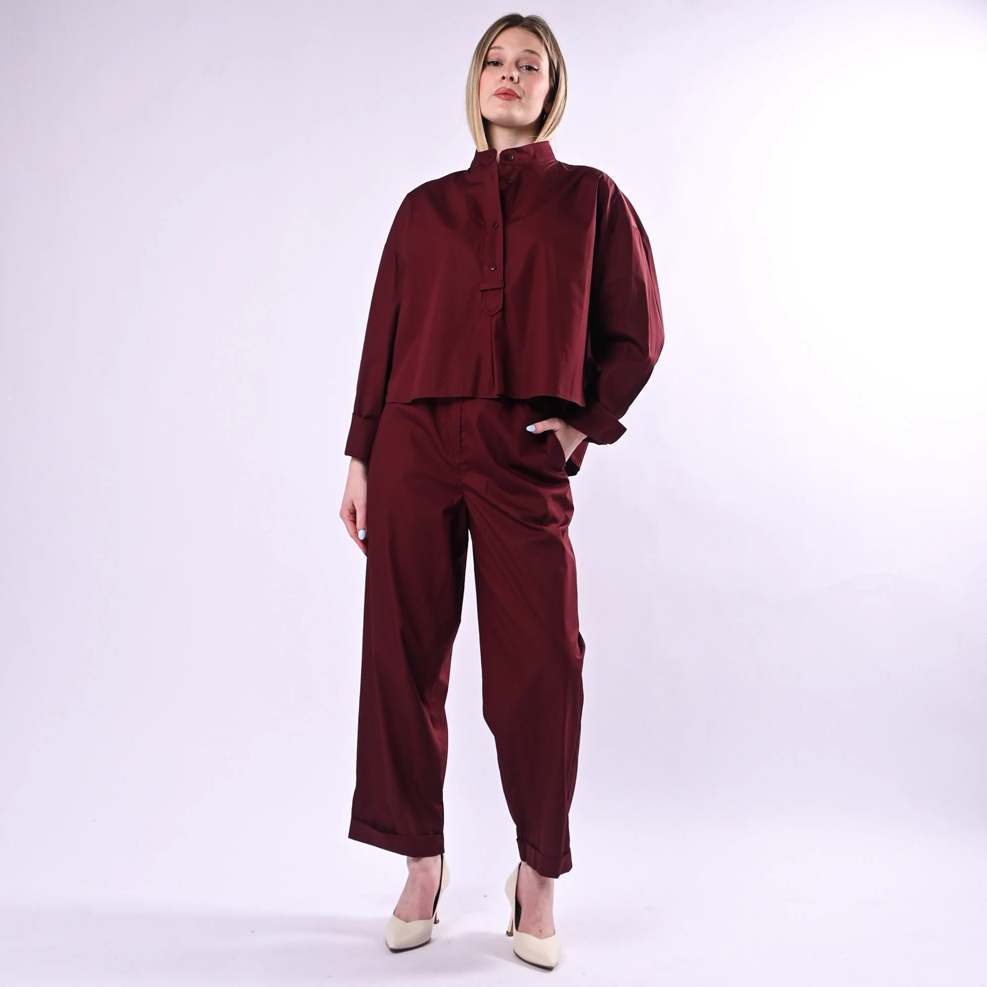 TENSIONE IN - CAMICIA POPELINE OVER COREANA MEZZA ABBOTTONATURA ART. 26C4933/B - BORDEAUX