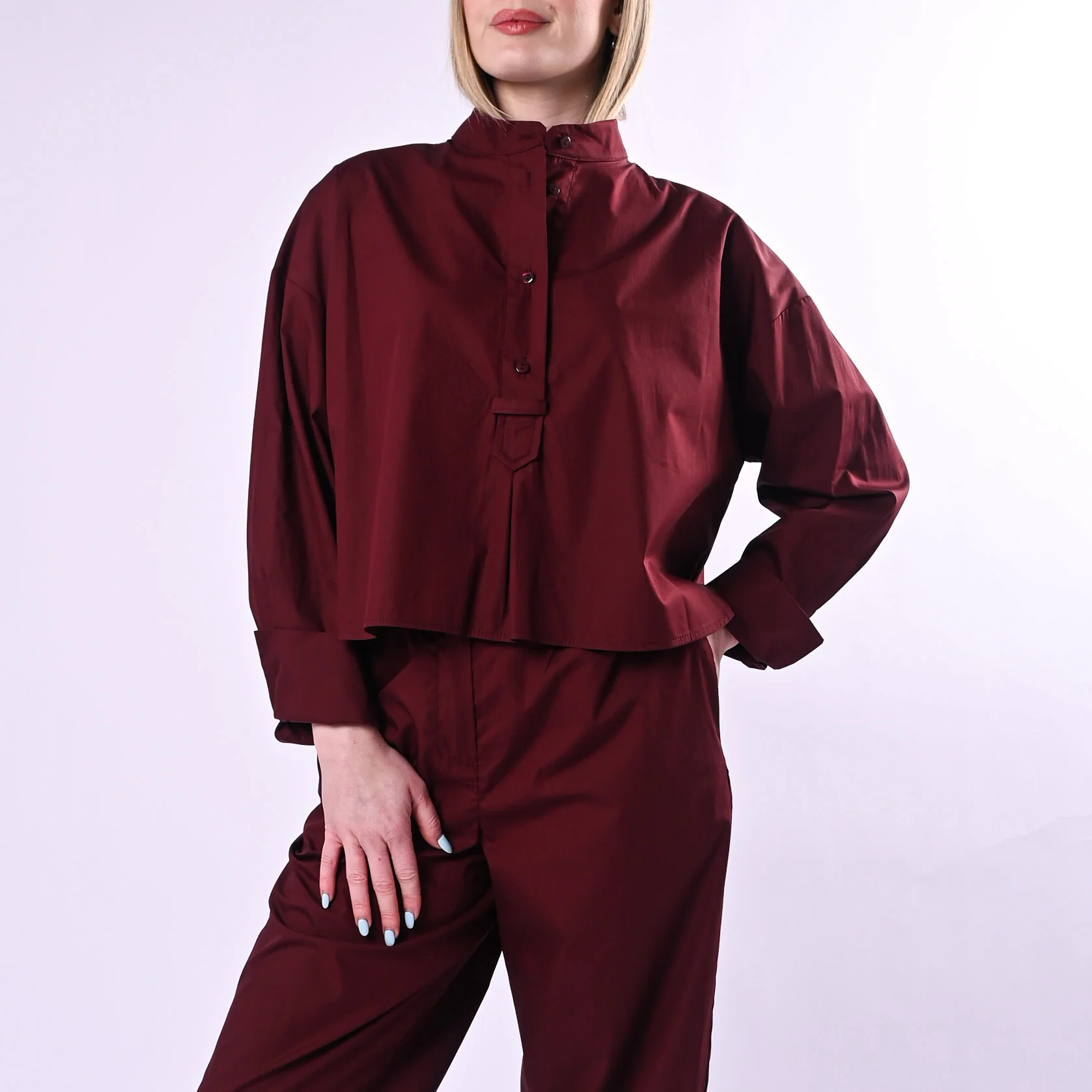 TENSIONE IN - CAMICIA POPELINE OVER COREANA MEZZA ABBOTTONATURA ART. 26C4933/B - BORDEAUX - Image 2