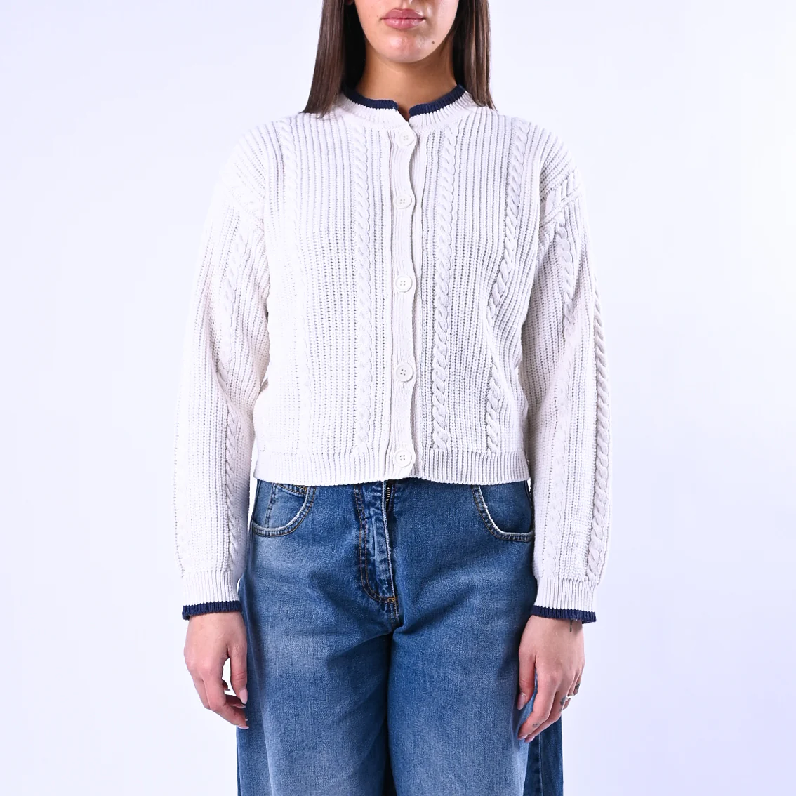 TENSIONE IN - CARDIGAN COREANA A TRECCE ART.ART.MG109 - BIANCO/BLU - Image 2