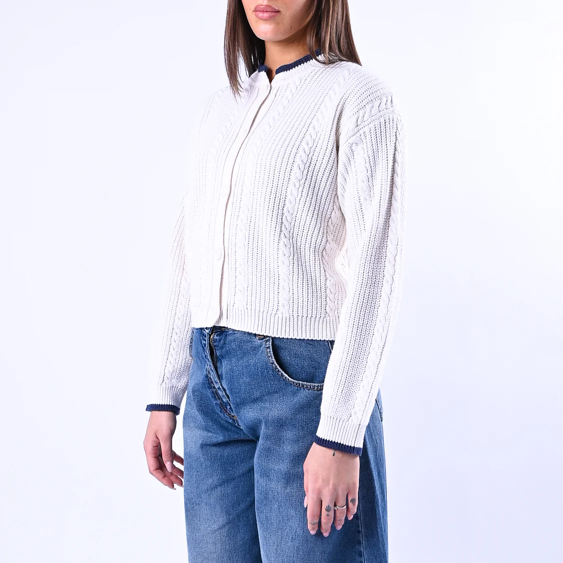 TENSIONE IN - CARDIGAN COREANA A TRECCE ART.ART.MG109 - BIANCO/BLU - Image 3