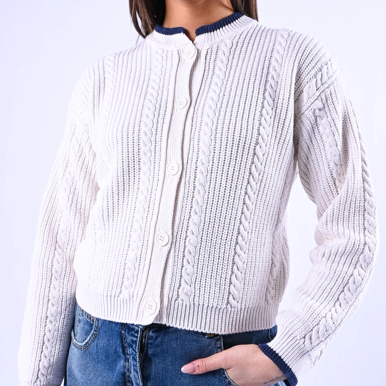 TENSIONE IN - CARDIGAN COREANA A TRECCE ART.ART.MG109 - BIANCO/BLU - Image 5