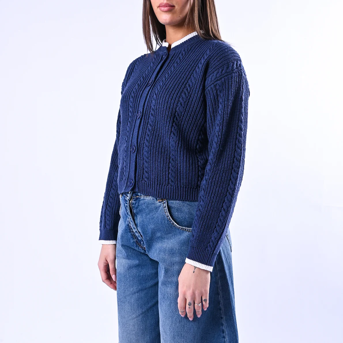 TENSIONE IN - CARDIGAN COREANA A TRECCE ART.ART.MG109 - BLU/PANNA - Image 3