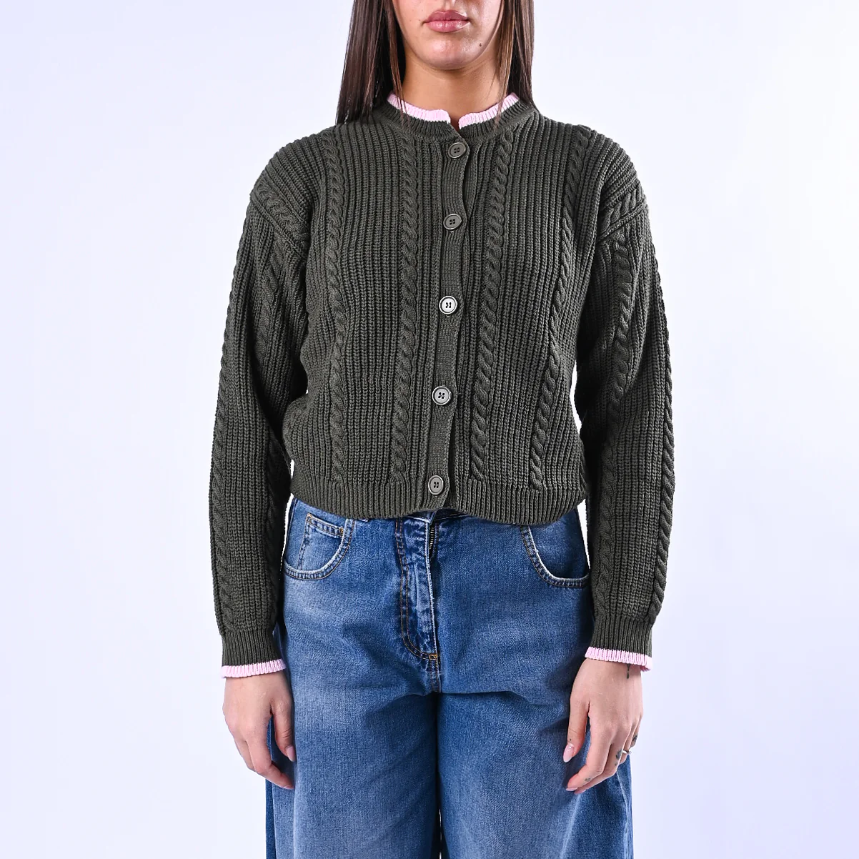 TENSIONE IN - CARDIGAN COREANA A TRECCE ART.MG109 - VERDE/ROSA - Image 2