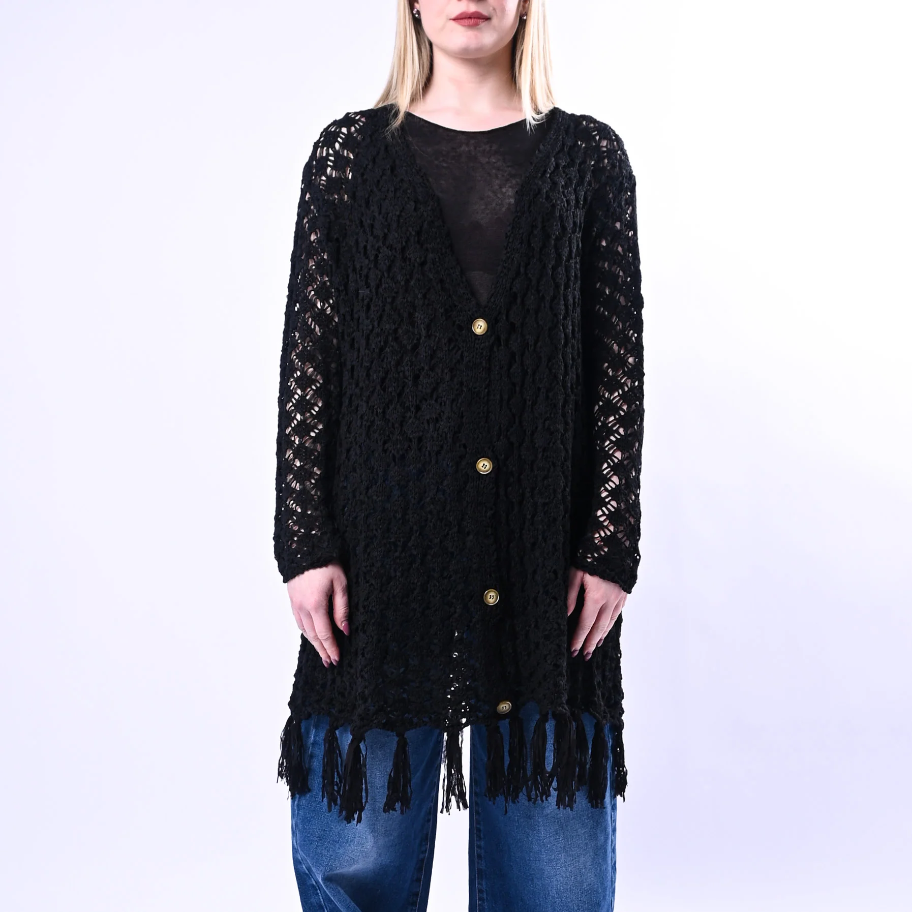 TENSIONE IN - CARDIGAN IN FETTUCCIA CON FRANGE ART.D90127/N - NERO - Image 2