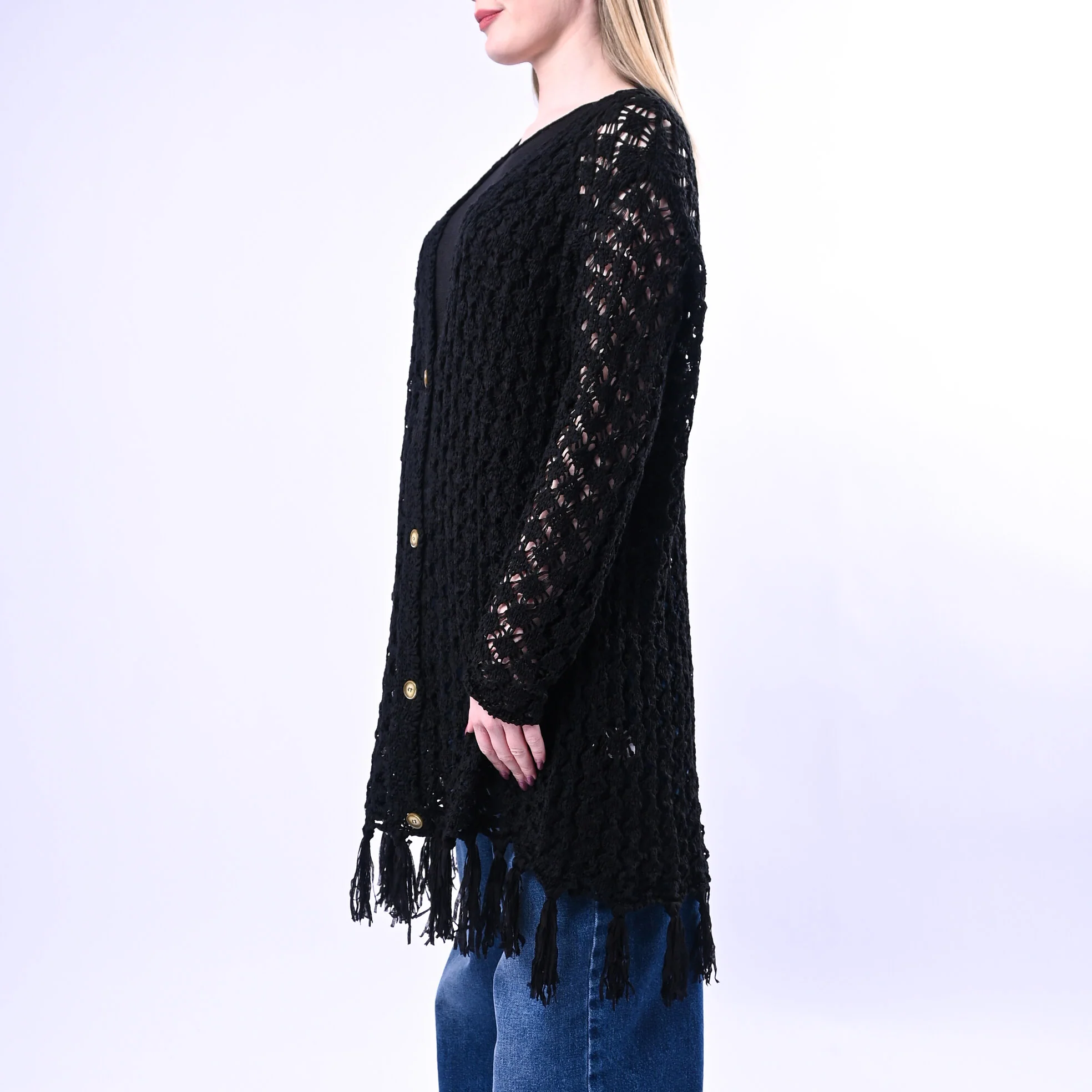 TENSIONE IN - CARDIGAN IN FETTUCCIA CON FRANGE ART.D90127/N - NERO - Image 3