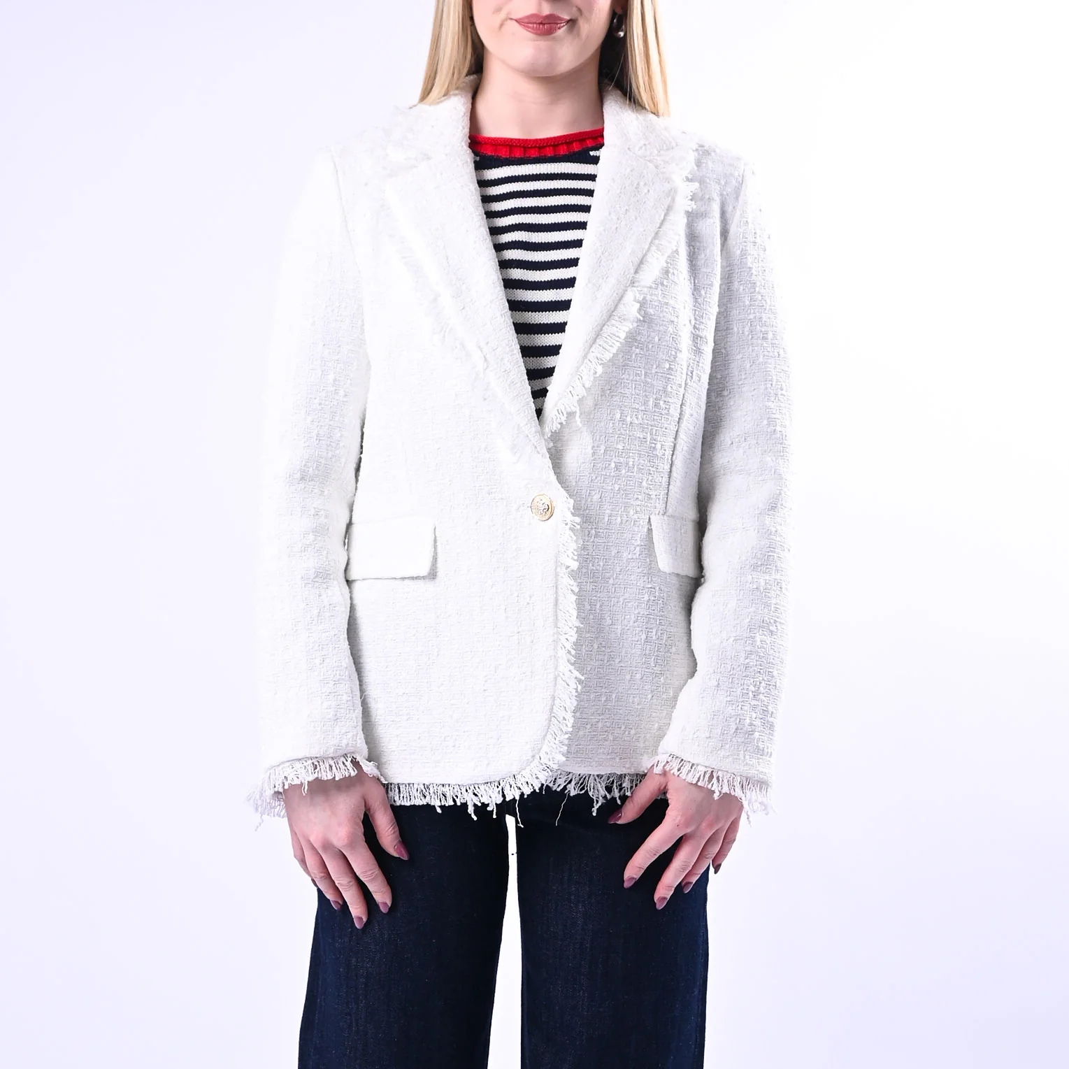 TENSIONE IN - GIACCA TWEED UN BOTTONE SFRANGIATA ART.26B4387 - BIANCO - Image 2