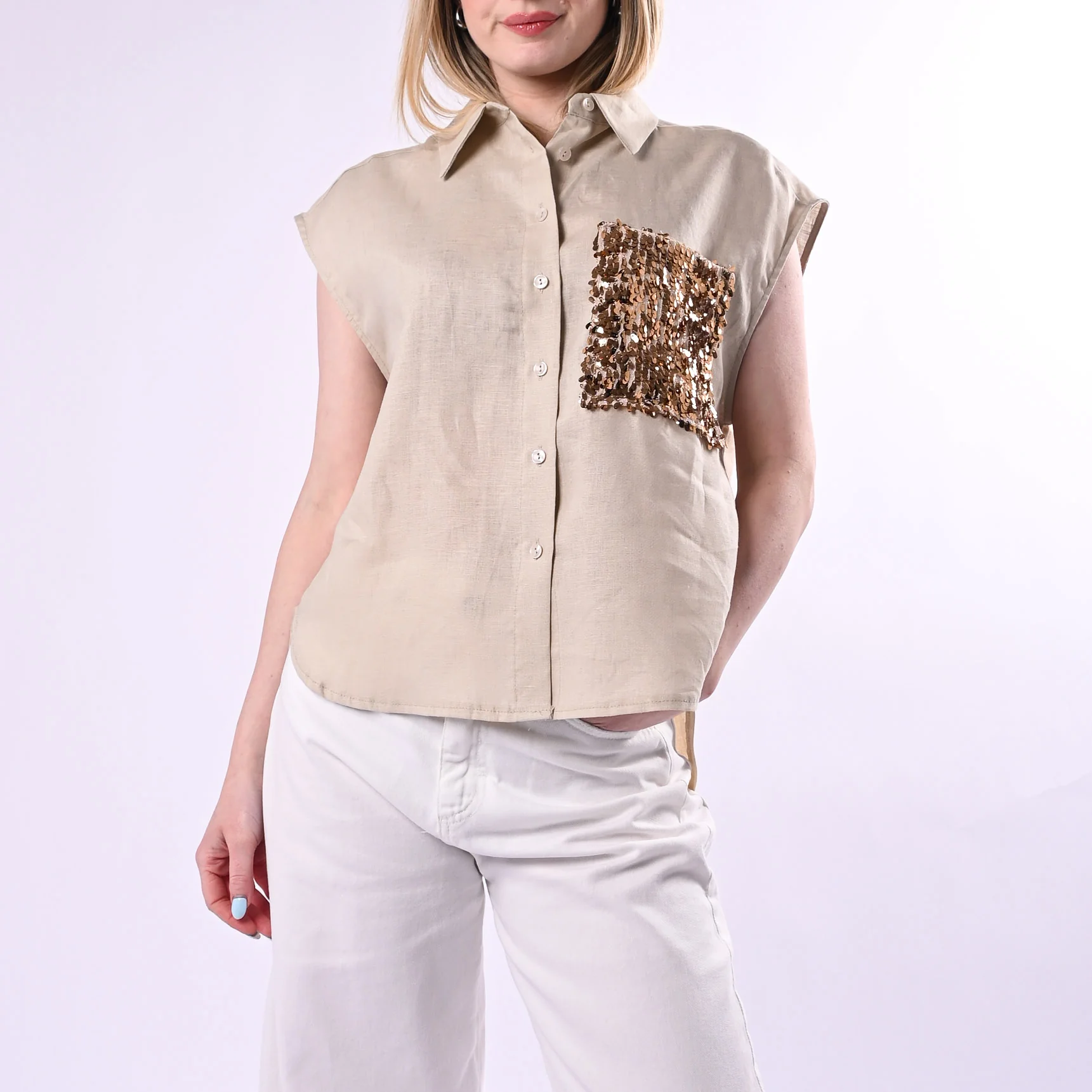 TENSIONE IN - GILET OVER IN LINO CON TASCA PAILLETTES ART. S26CG45/SO - SABBIA/ORO