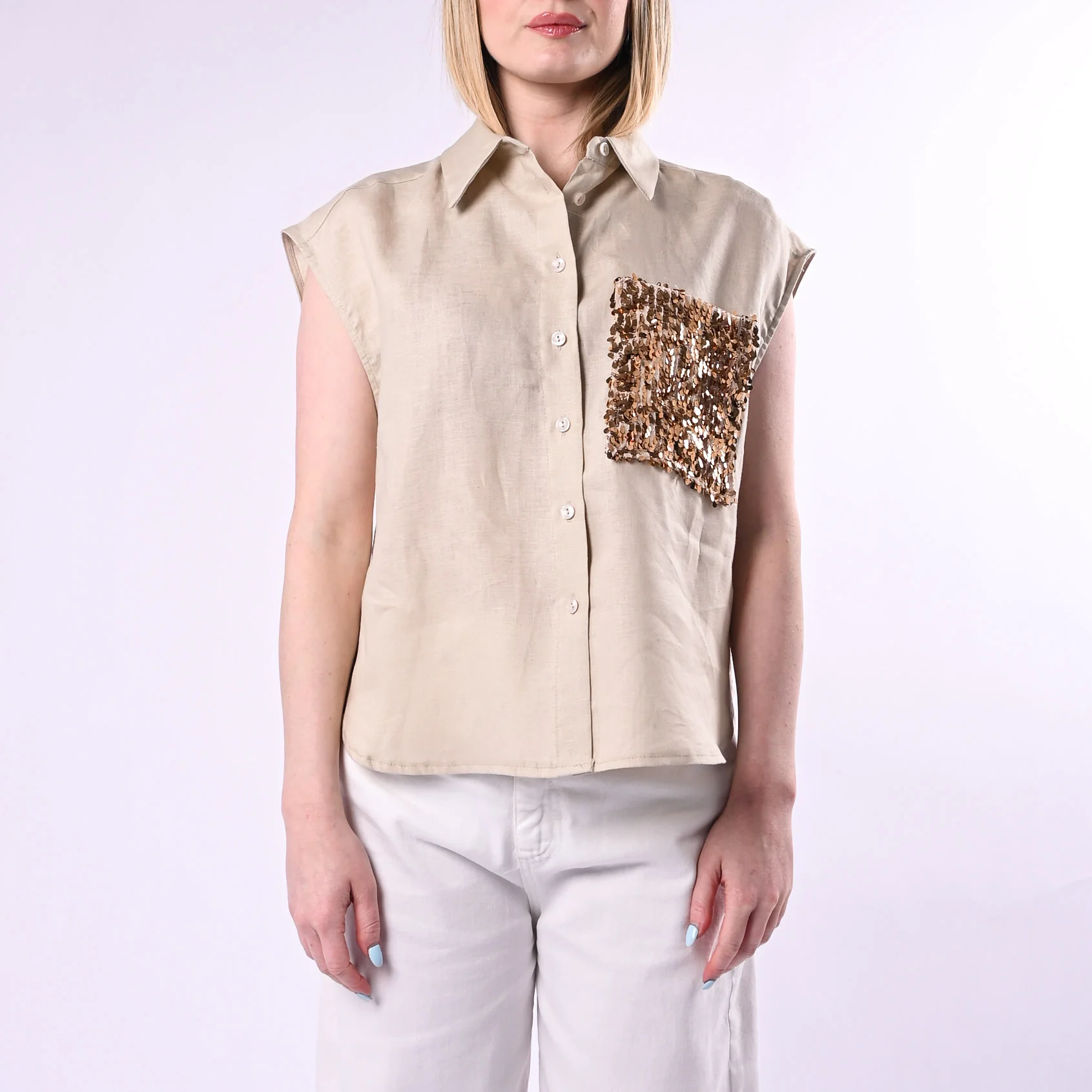 TENSIONE IN - GILET OVER IN LINO CON TASCA PAILLETTES ART. S26CG45/SO - SABBIA/ORO - Image 2