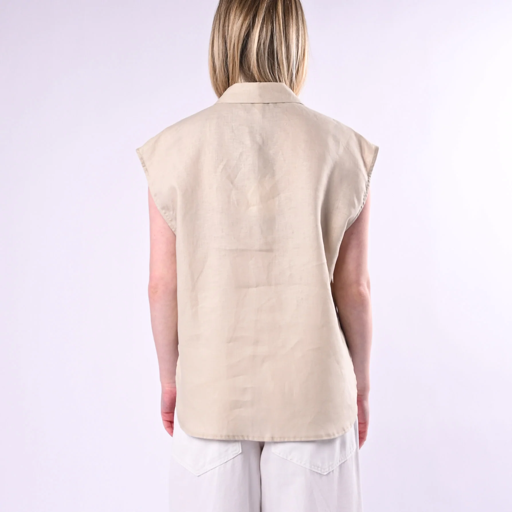 TENSIONE IN - GILET OVER IN LINO CON TASCA PAILLETTES ART. S26CG45/SO - SABBIA/ORO - Image 4