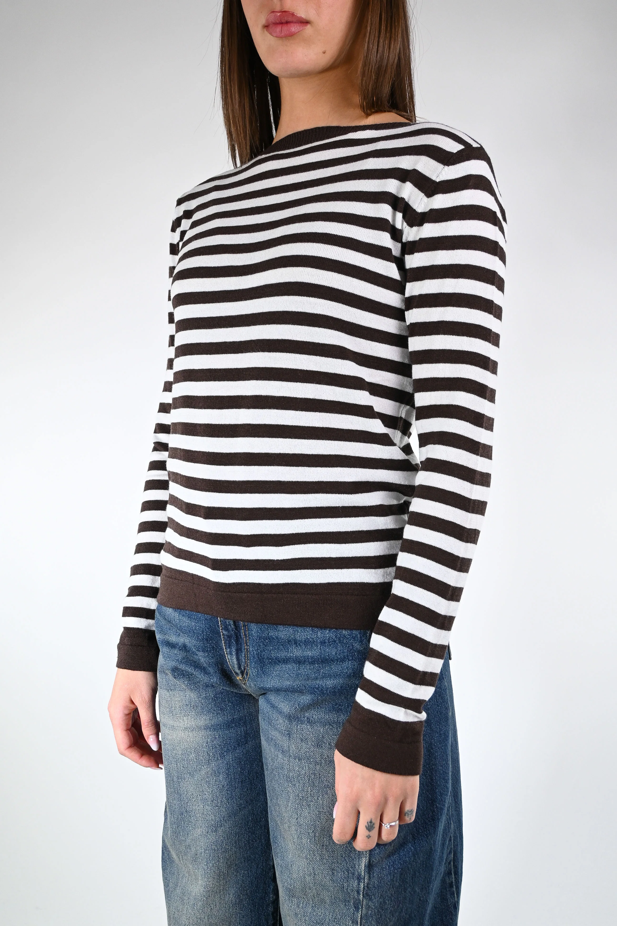 TENSIONE IN - MAGLIA A RIGHE IN VISCOSA ART.26075 - MORO/LATTE - Image 3