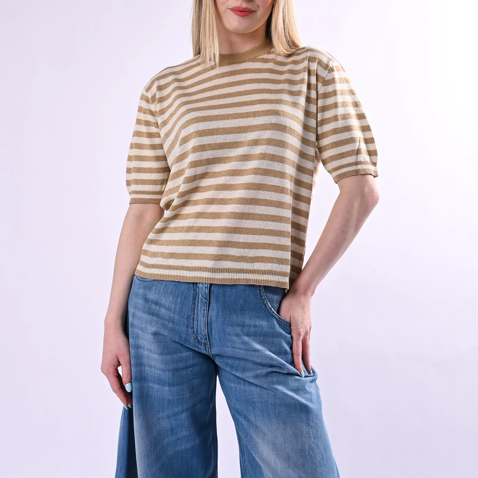 TENSIONE IN - MAGLIA A RIGHE MEZZA MANICA ART. 26295/LS - LATTE/SABBIA